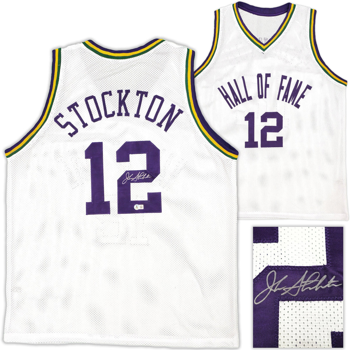 Utah Jazz John Stockton Autographed White Jersey Beckett BAS Witness