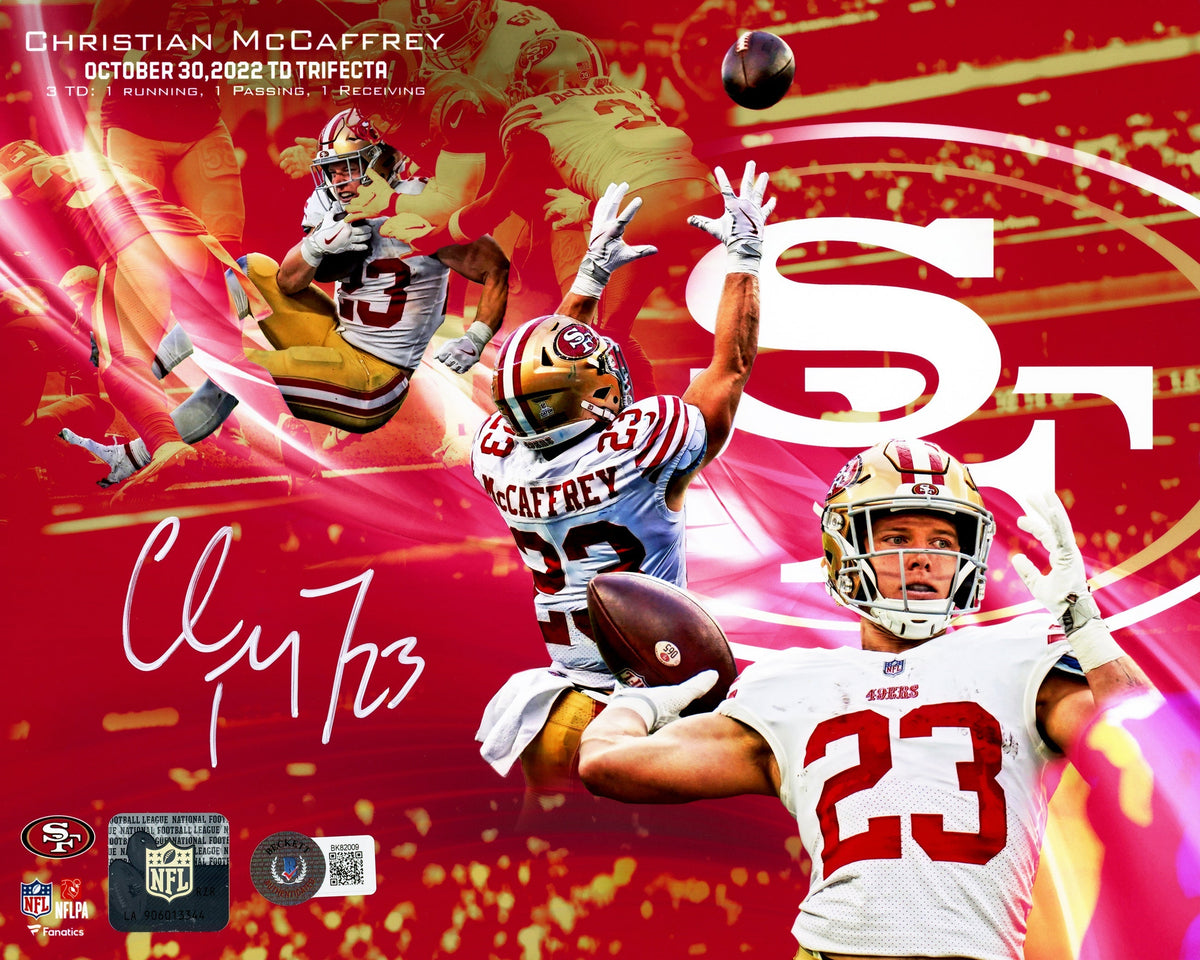 Christian McCaffrey Autographed 8x10 Photo San Francisco 49ers Rushing, Receiving & Passing Touchdown Trifecta Collage Beckett BAS QR