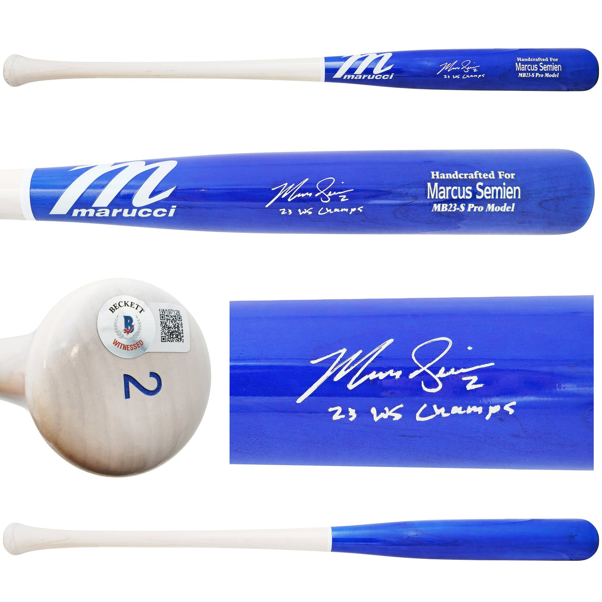 Marcus Semien Autographed Blue & White Marucci Player Model Baseball Bat Texas Rangers "23 WS Champs" Beckett BAS Witness