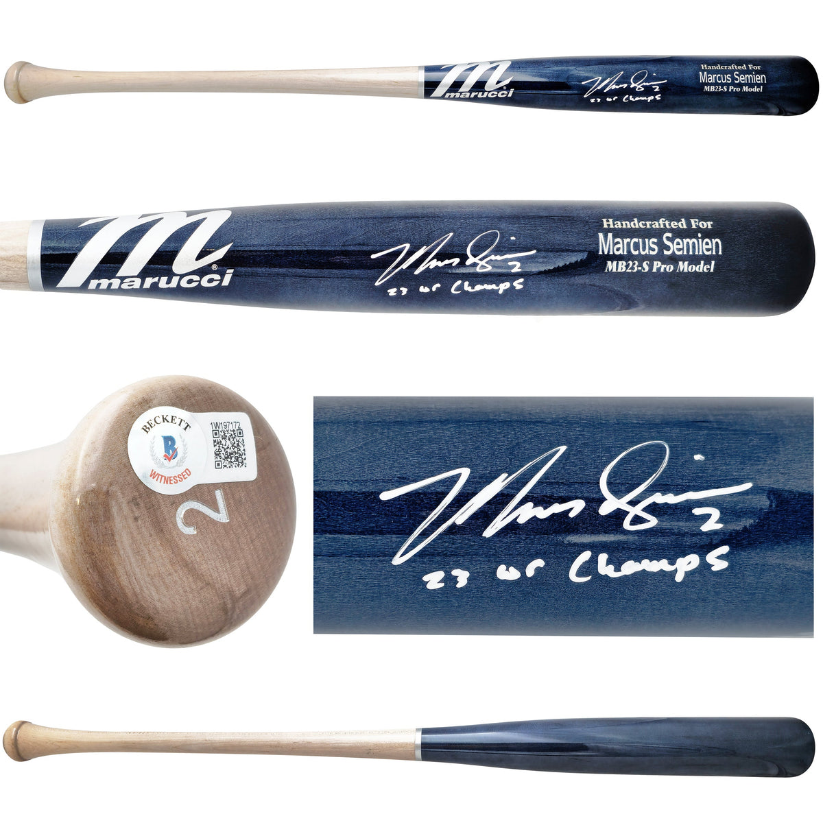 Marcus Semien Autographed Navy & Grey Marucci Player Model Baseball Bat Texas Rangers "23 WS Champs" Beckett BAS Witness