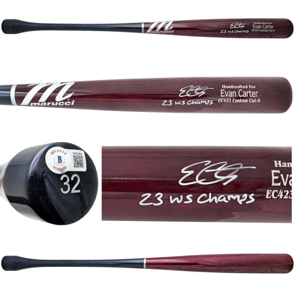 Evan Carter Autographed Maroon & Navy Marucci Player Model Baseball Bat Texas Rangers "23 WS Champs" Beckett BAS Witness