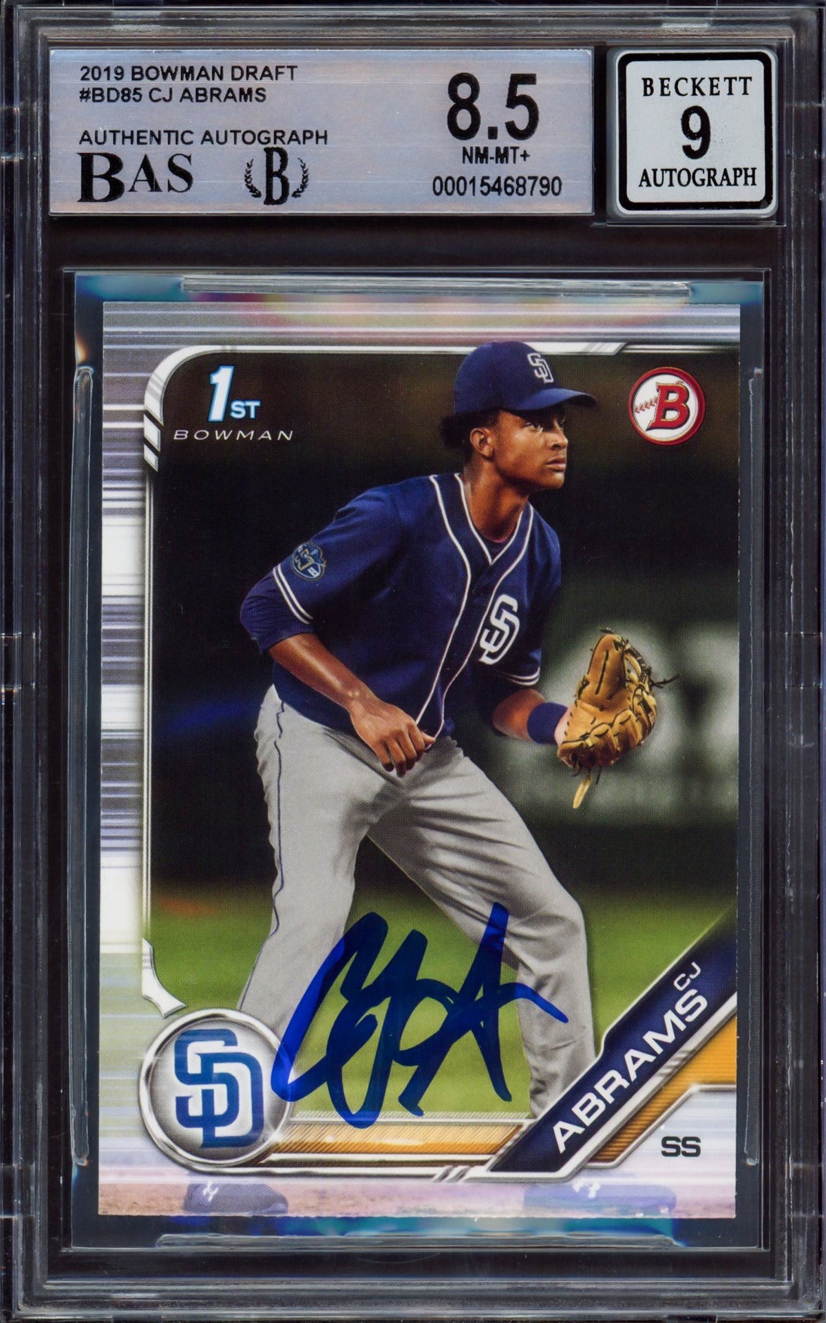 CJ Abrams Autographed 2019 Bowman Draft Rookie Card #BD85 San Diego Padres BGS 8.5 Auto Grade Mint 9 Beckett BAS #15468790