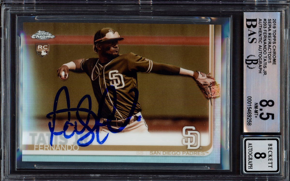 Fernando Tatis Jr. Autographed 2019 Topps Chrome Sepia Refractor Rookie Card #203 San Diego Padres BGS 8.5 Auto Grade Near Mint/Mint 8 Beckett BAS #15469258