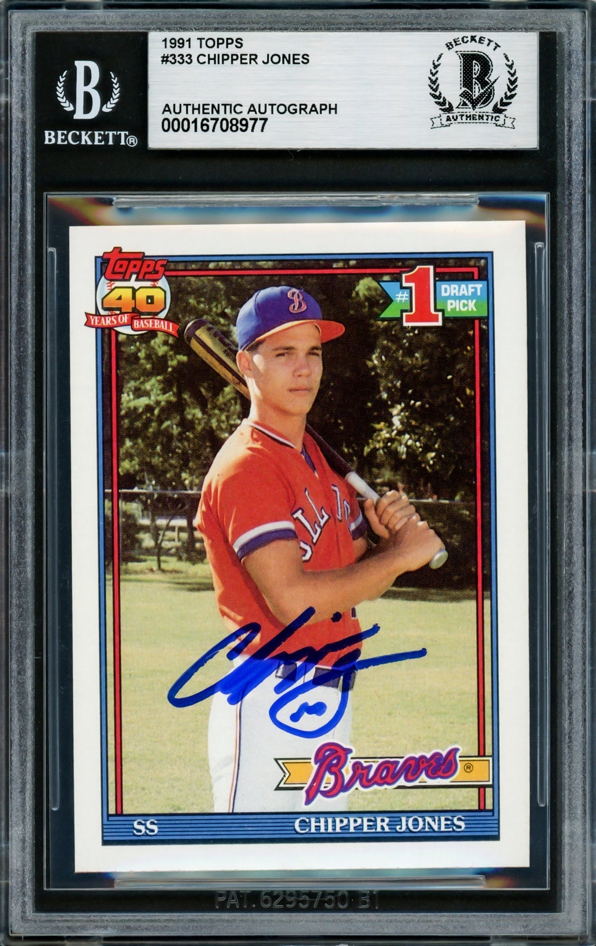 Chipper Jones Autographed 1991 Topps Rookie Card #333 Atlanta Braves Beckett BAS