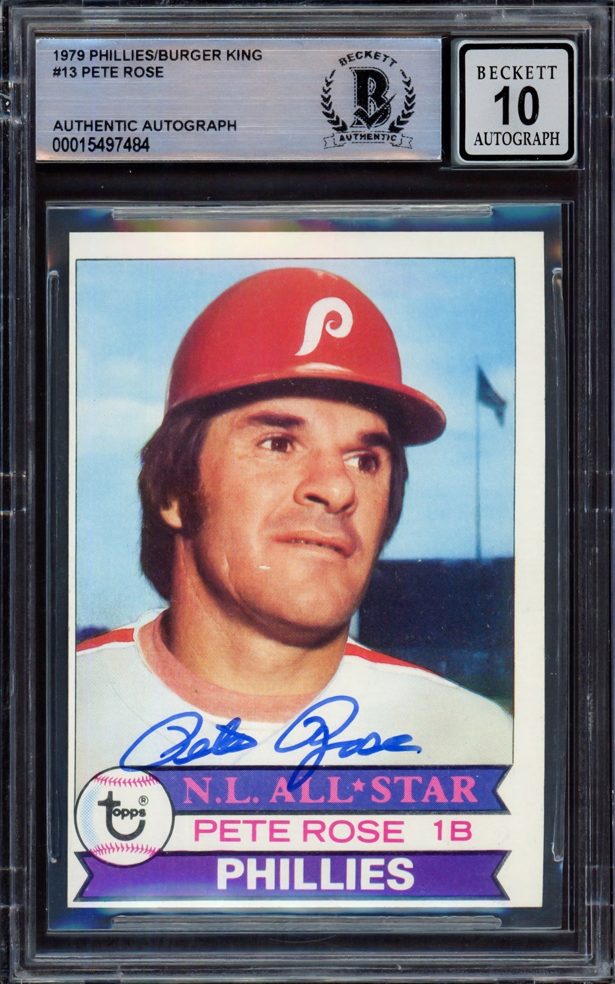 Pete Rose Autographed 1979 Topps Burger King Card #13 Philadelphia Phillies Auto Grade Gem Mint 10 Beckett BAS #15497484