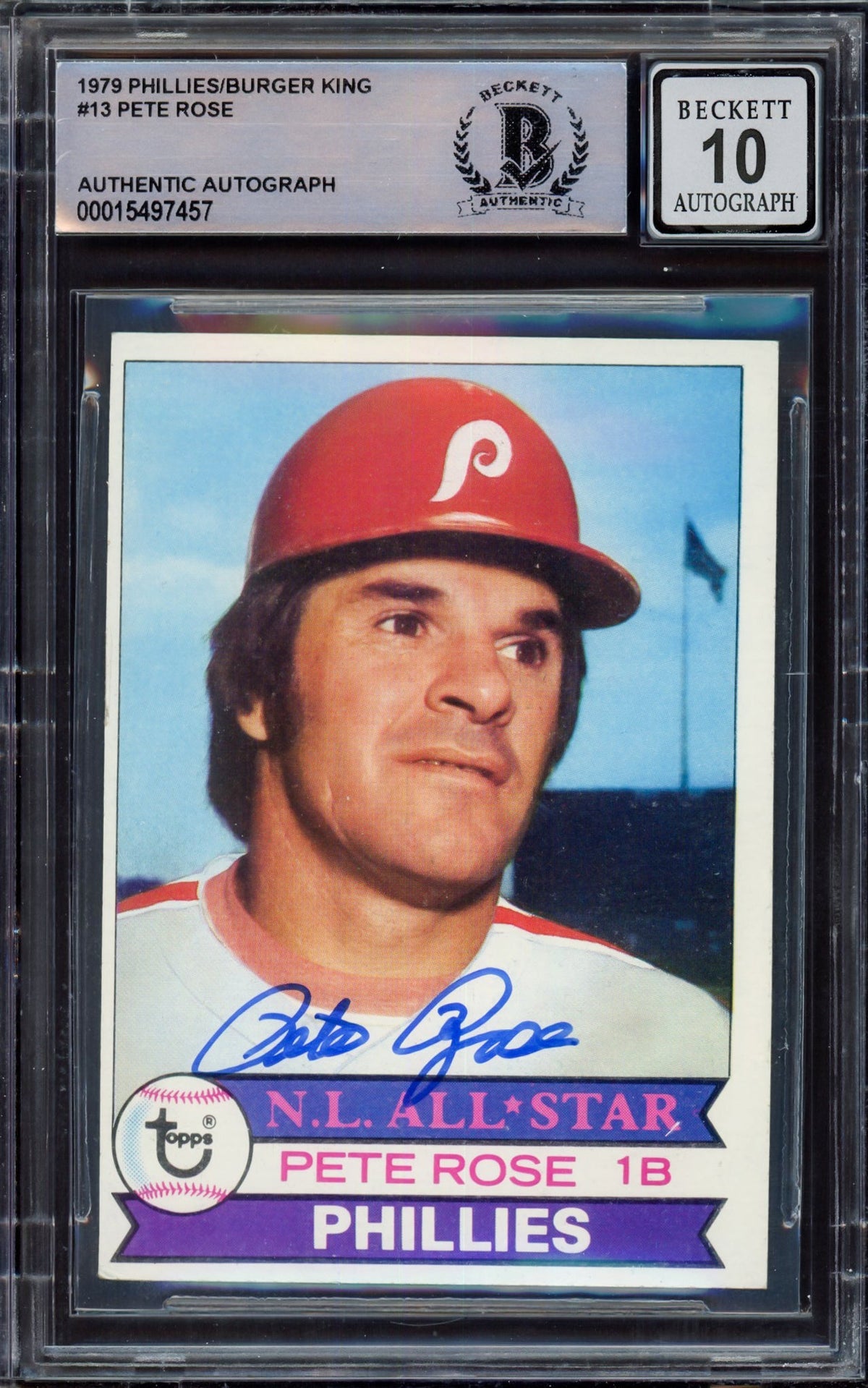 Pete Rose Autographed 1979 Topps Burger King Card #13 Philadelphia Phillies Auto Grade Gem Mint 10 Beckett BAS #15497457