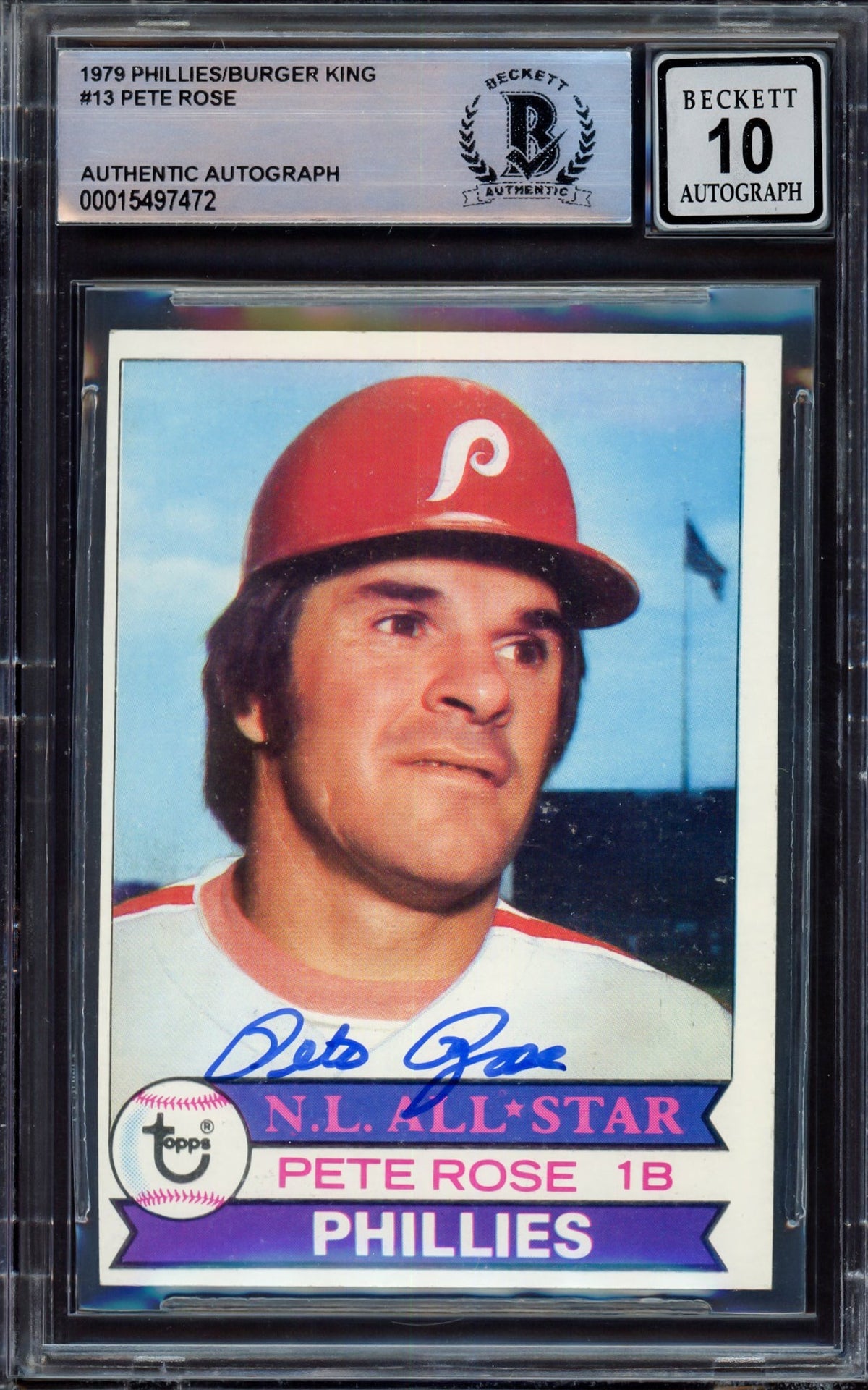 Pete Rose Autographed 1979 Topps Burger King Card #13 Philadelphia Phillies Auto Grade Gem Mint 10 Beckett BAS #15497472