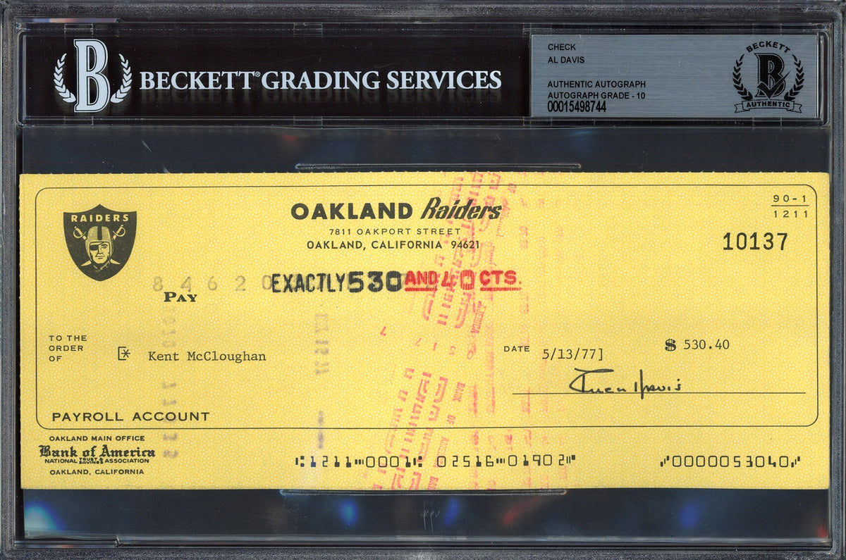 Al Davis Autographed Check Oakland Raiders Owner Auto Grade Gem Mint 10 Beckett BAS #15498744