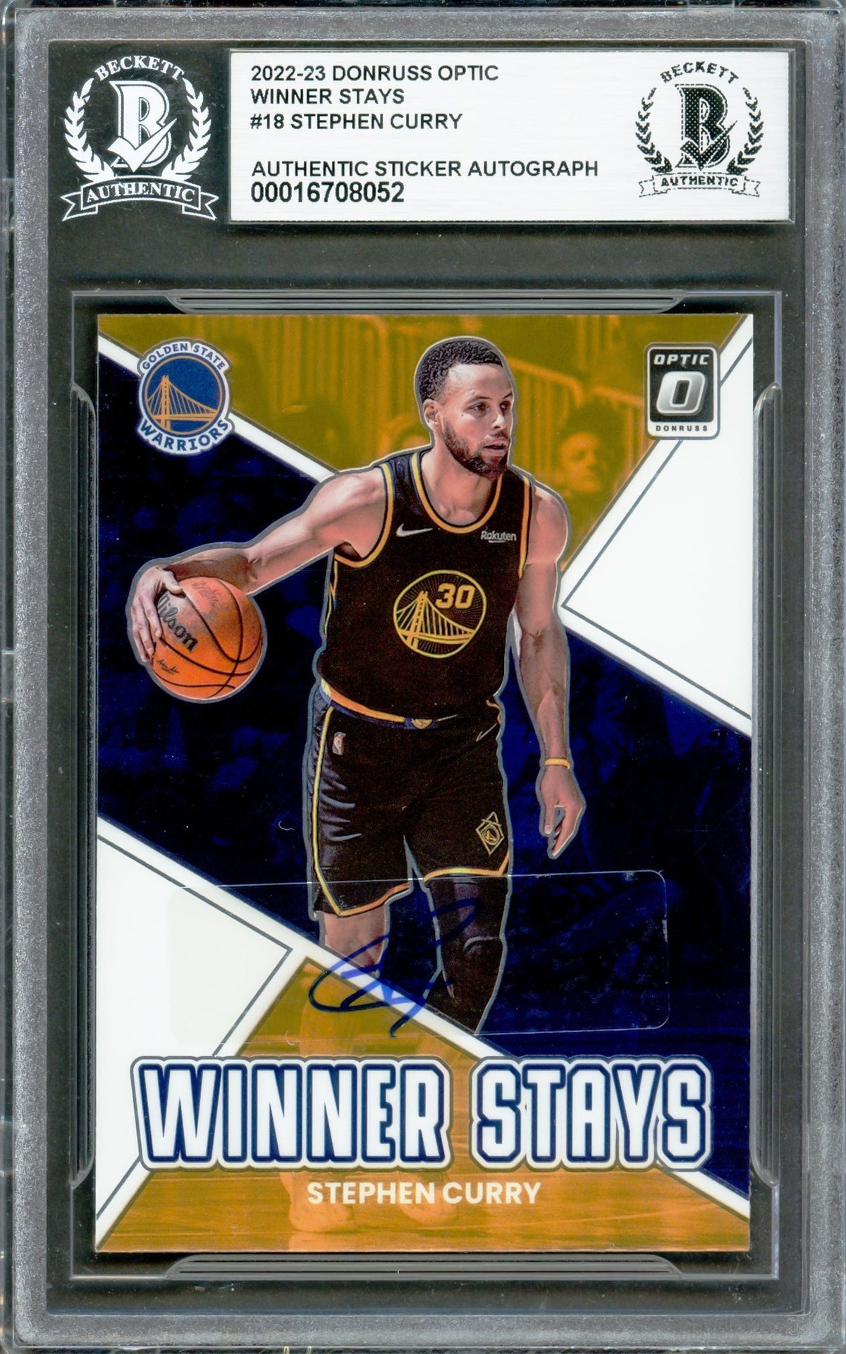 Stephen Curry Autographed 2022-23 Donruss Optic Winner Stays Card #18 Golden State Warriors Beckett BAS #16708052