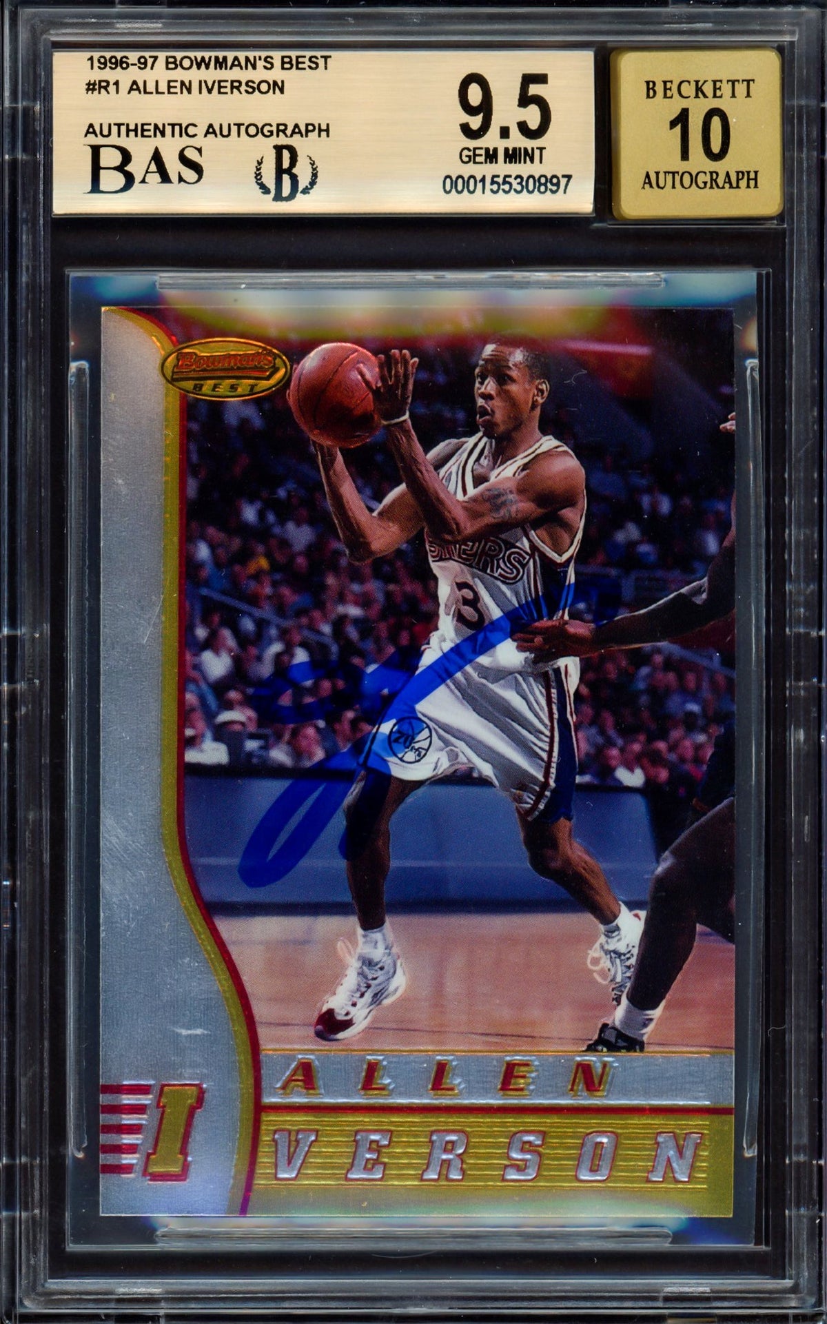 Allen Iverson Autographed 1996-97 Bowman's Best Rookie Card #R1 Philadelphia 76ers BGS 9.5 Auto Grade Gem Mint 10 Beckett BAS #15530897