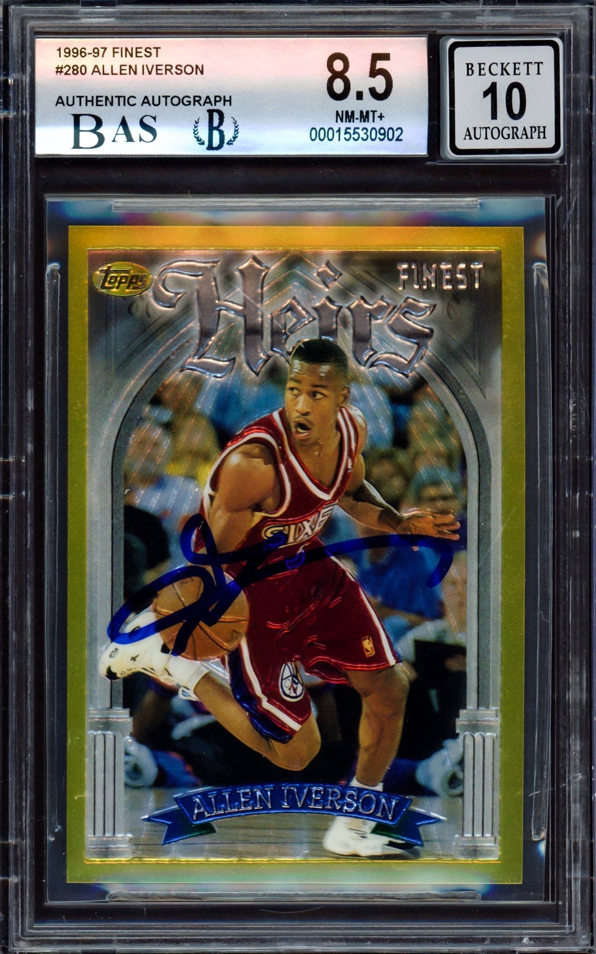 Allen Iverson Autographed 1996-97 Finest Gold Rookie Card #280 Philadelphia 76ers BGS 8.5 Auto Grade Gem Mint 10 Beckett BAS #15530902
