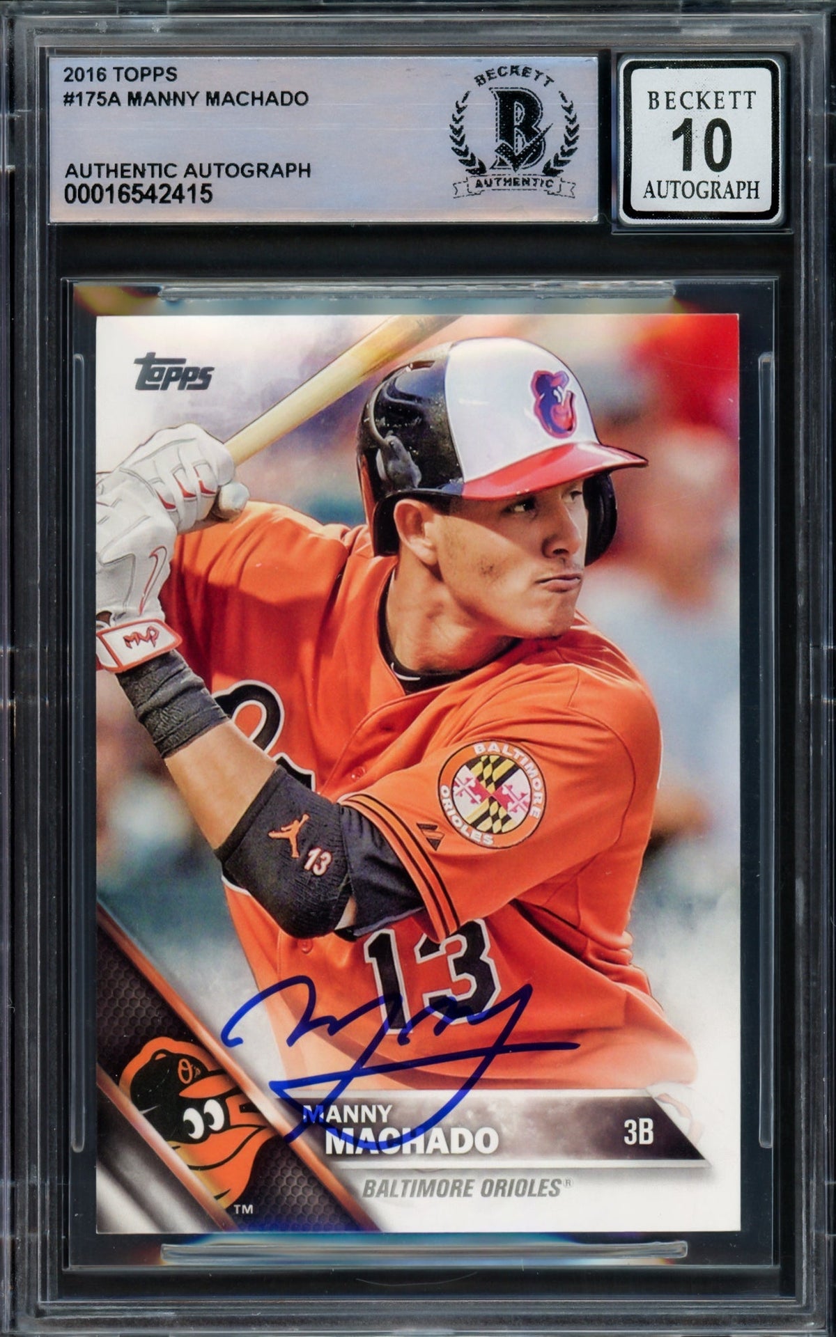 Manny Machado Autographed 2016 Topps Card #175 Baltimore Orioles Auto Grade Gem Mint 10 Beckett BAS