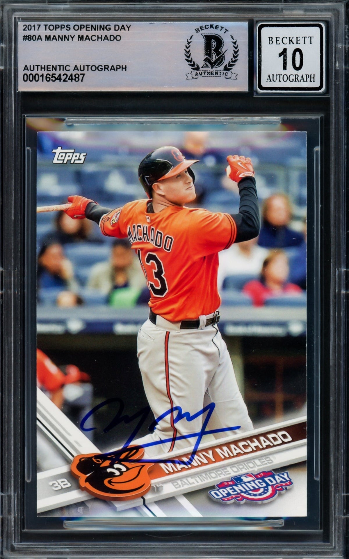 Manny Machado Autographed 2017 Topps Opening Day Card #80 Baltimore Orioles Auto Grade Gem Mint 10 Beckett BAS