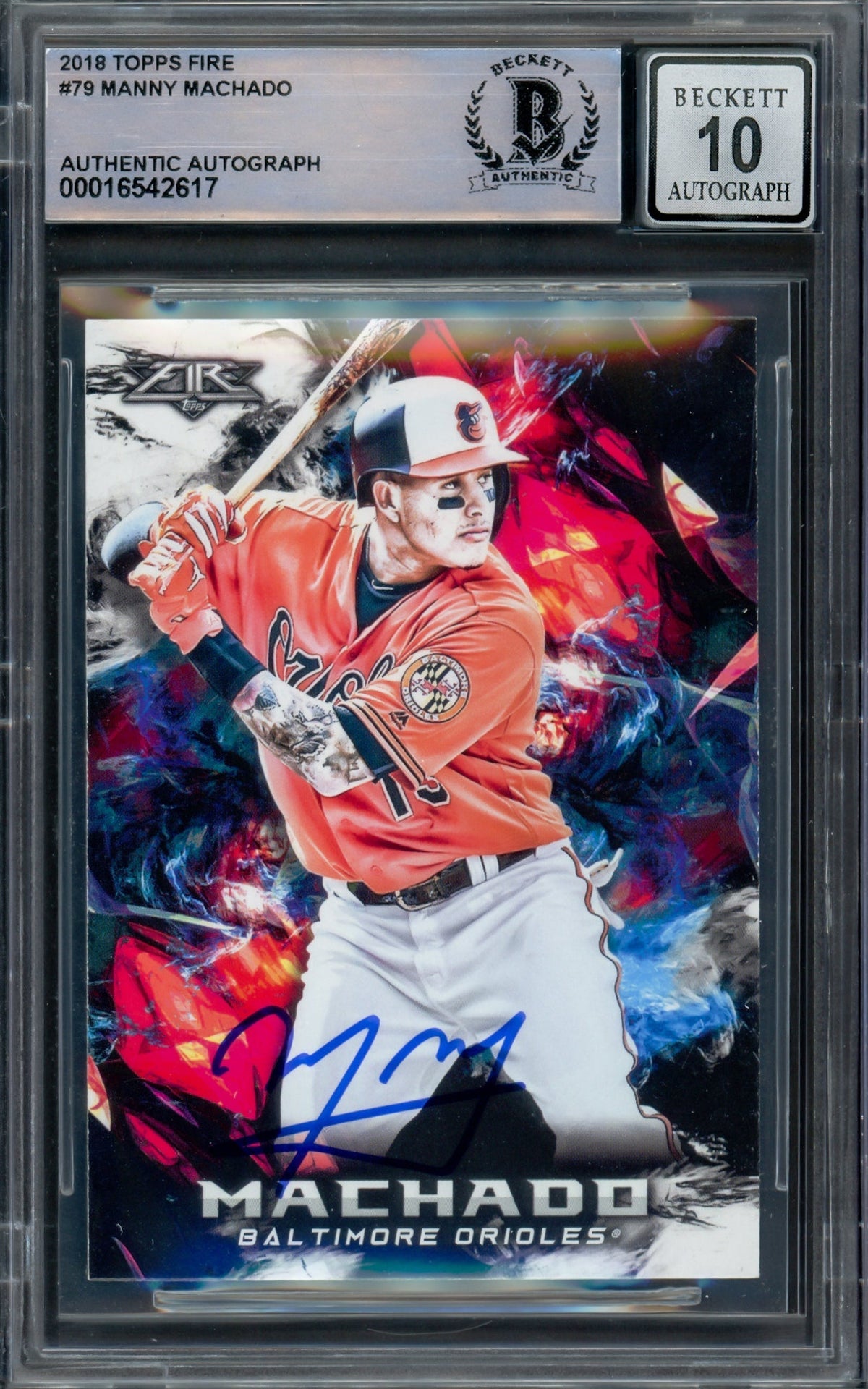 Manny Machado Autographed 2018 Topps Fire Card #79 Baltimore Orioles Auto Grade Gem Mint 10 Beckett BAS