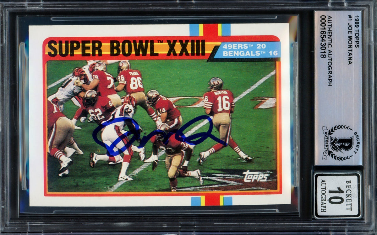 Joe Montana Autographed 1989 Topps Card #1 San Francisco 49ers Auto Grade Gem Mint 10 Beckett BAS