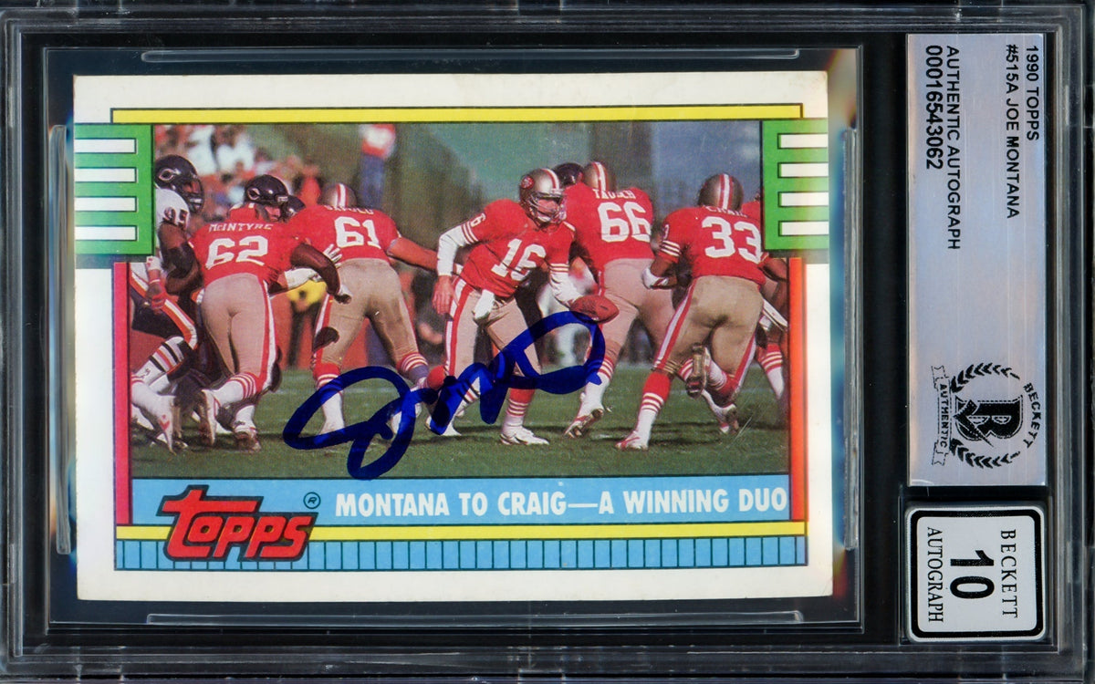 Joe Montana Autographed 1990 Topps Card #515 San Francisco 49ers Auto Grade Gem Mint 10 Beckett BAS