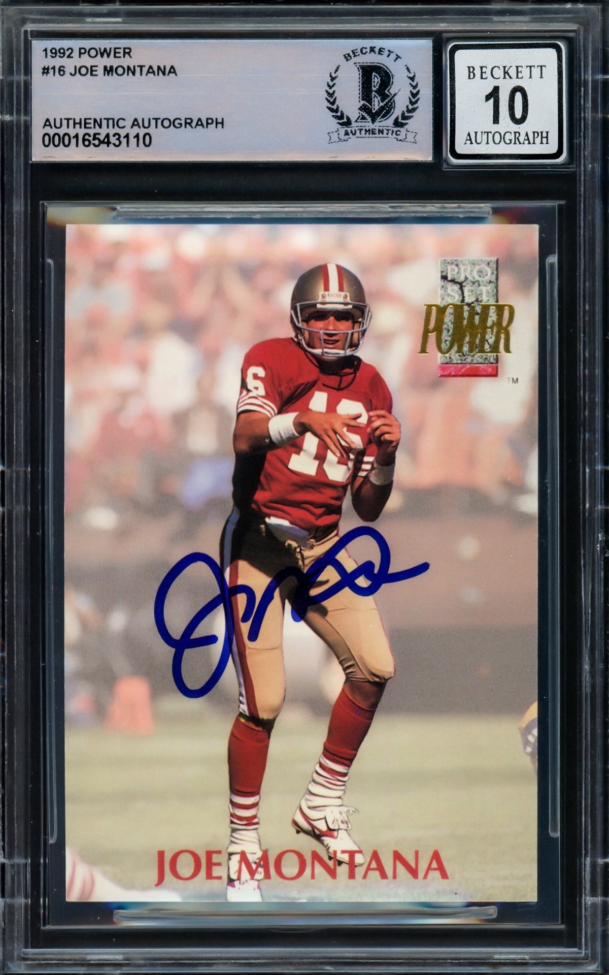 Joe Montana Autographed 1992 Pro Set Power Card #16 San Francisco 49ers Auto Grade Gem Mint 10 Beckett BAS