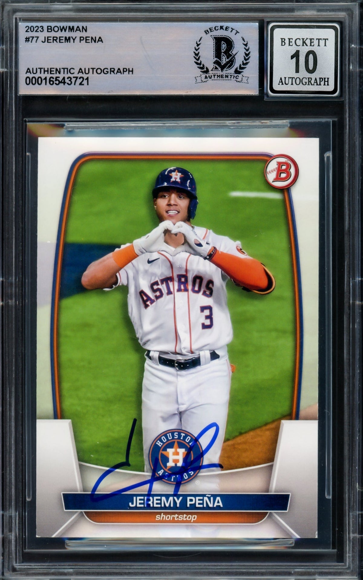 Jeremy Pena Autographed 2023 Bowman Card #77 Houston Astros Auto Grade Gem Mint 10 Beckett BAS