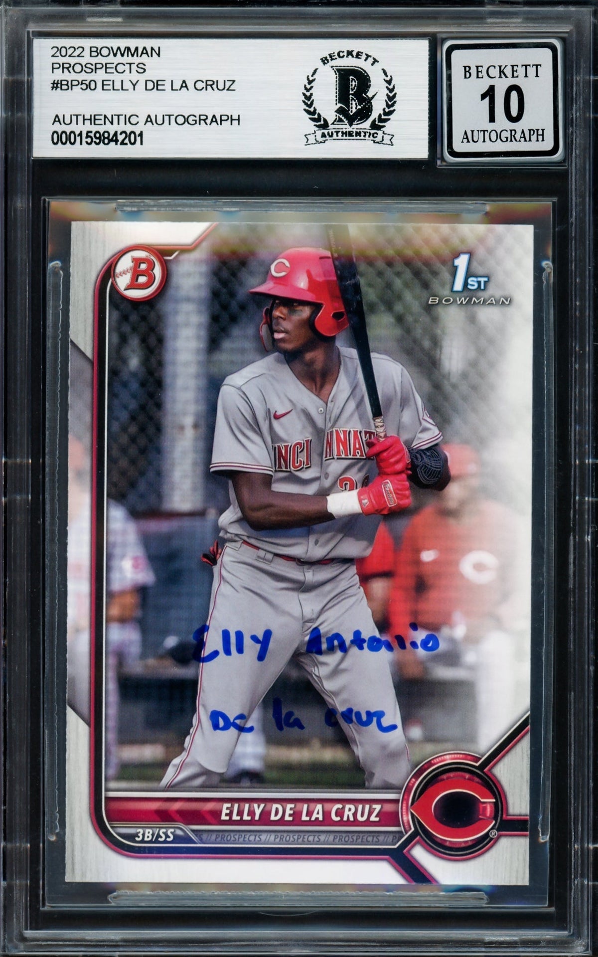 Elly De La Cruz Autographed 2022 Bowman Prospects Rookie Card #BP50 Cincinnati Reds Auto Grade Gem Mint 10 Full Name Beckett BAS