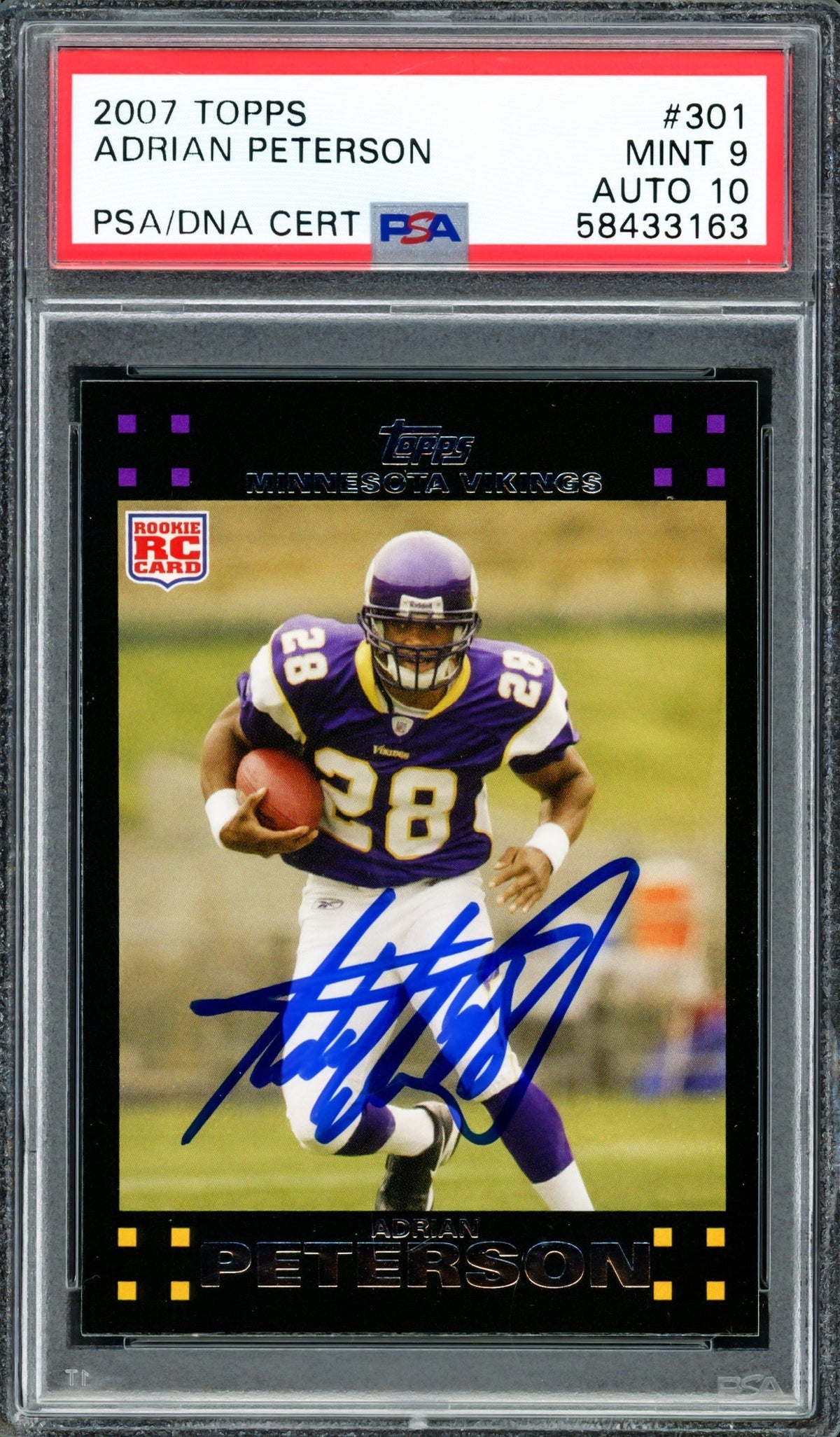 Adrian Peterson Autographed 2007 Topps Rookie Card #301 Minnesota Vikings PSA 9 Auto Grade Gem Mint 10 PSA/DNA #58433163