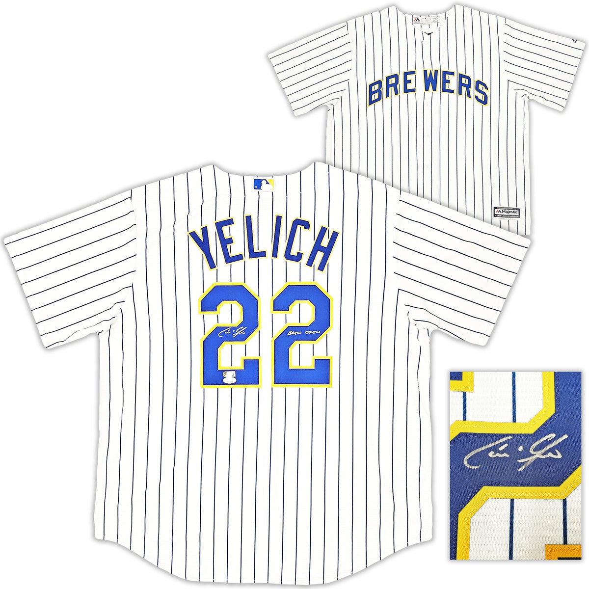 Milwaukee Brewers Christian Yelich Autographed White Pinstripe Majestic Jersey Size XL "Brew Crew" JSA Stock #215531