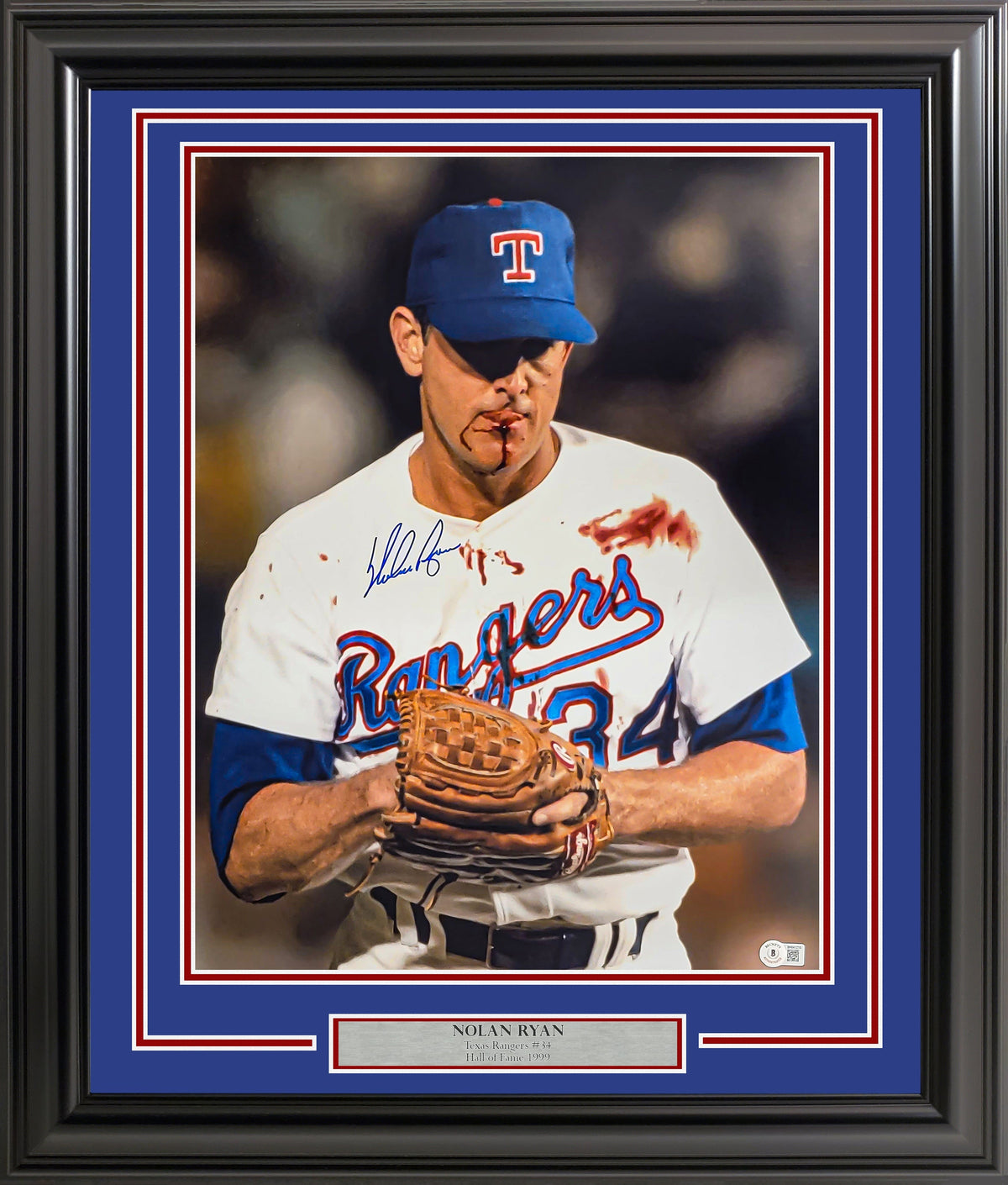 Nolan Ryan Autographed Framed 16x20 Photo Texas Rangers Bloody Beckett BAS QR