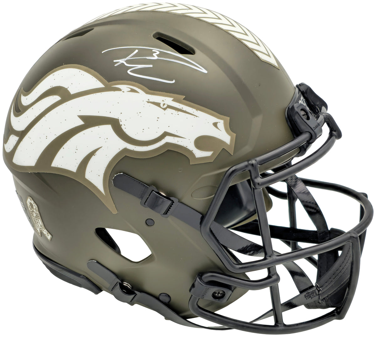 Russell Wilson Autographed Denver Broncos Camo Green Salute to Service Full Size Authentic Speed Helmet Fanatics Holo