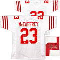 San Francisco 49ers Christian McCaffrey Autographed White Jersey Beckett BAS QR