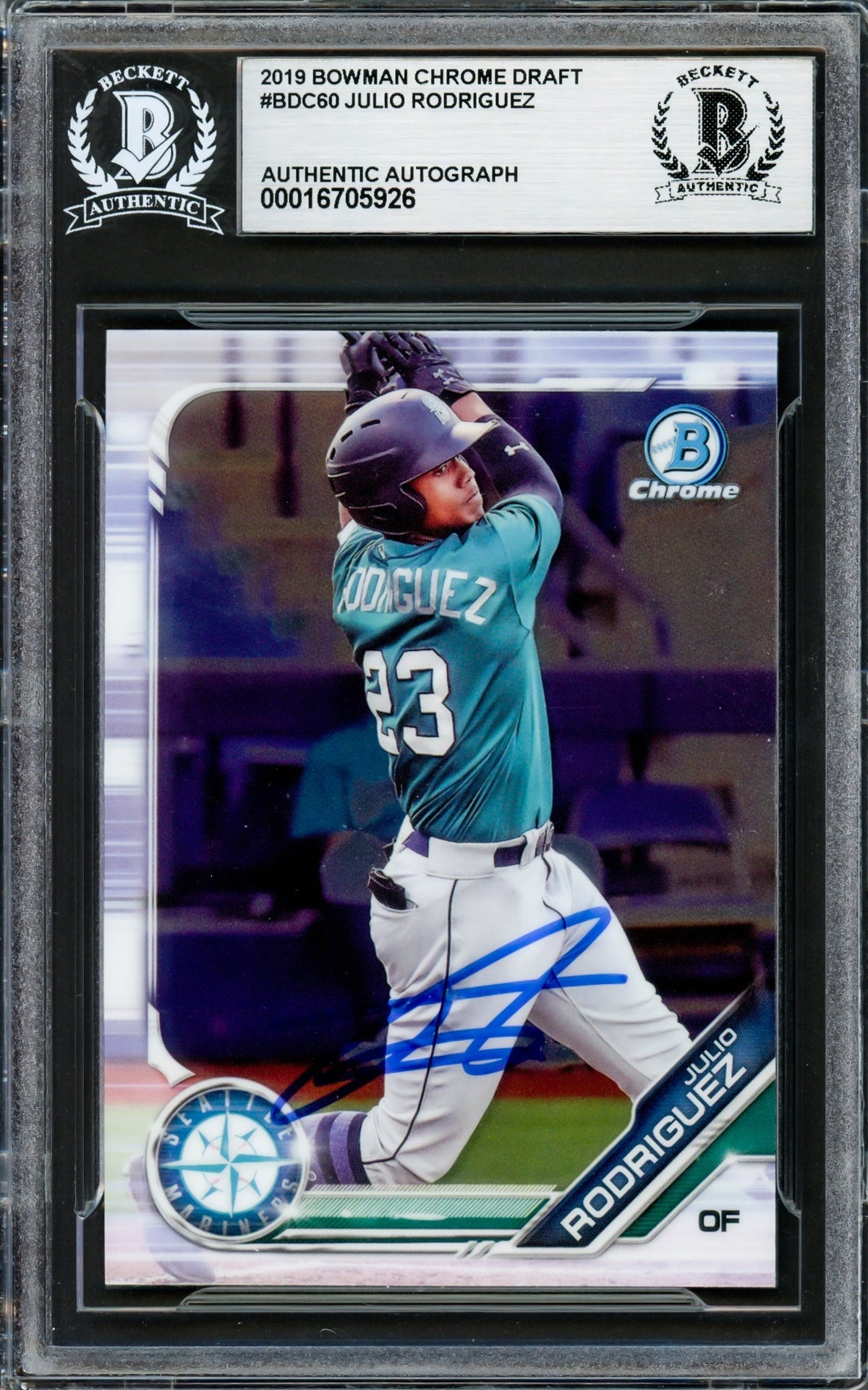 Julio Rodriguez Autographed 2019 Bowman Chrome Draft Rookie Card #BDC60 Seattle Mariners Beckett BAS
