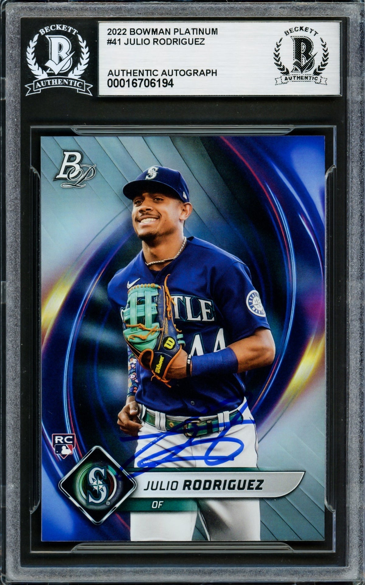 Julio Rodriguez Autographed 2022 Bowman Platinum Rookie Card #41 Seattle Mariners Beckett BAS