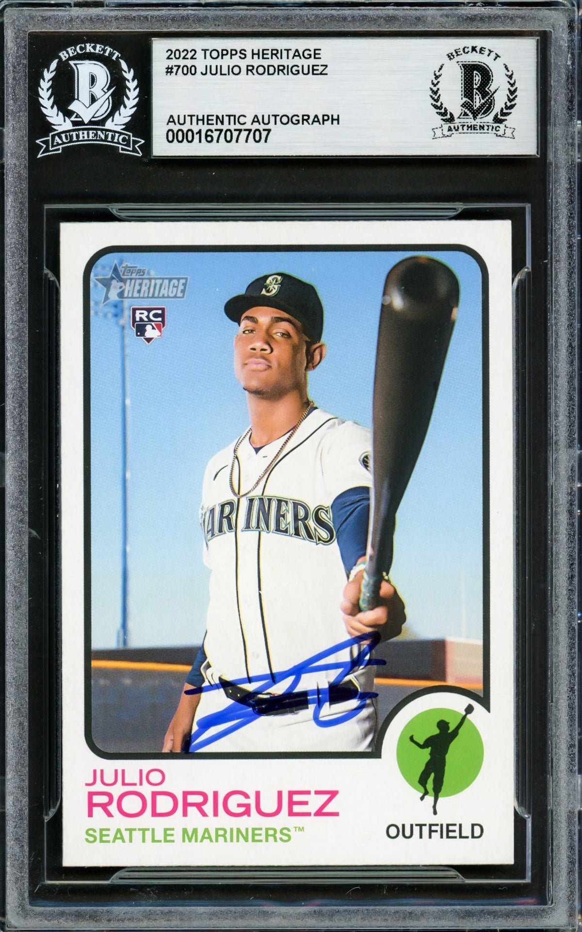 Julio Rodriguez Autographed 2022 Topps Heritage Rookie Card #700 Seattle Mariners Beckett BAS