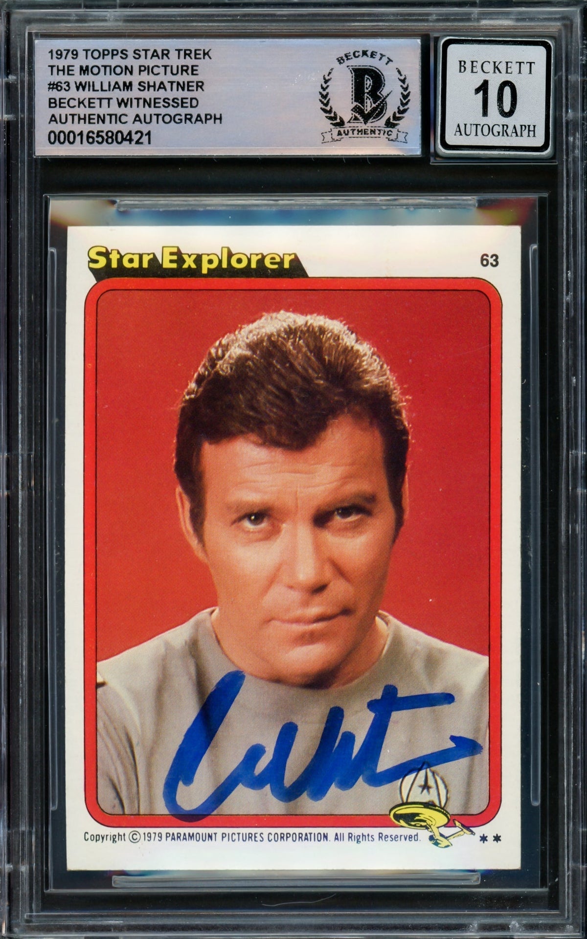 William Shatner Autographed 1979 Topps Star Trek The Motion Picture Card #63 Captain Kirk Auto Grade Gem Mint 10 Beckett BAS