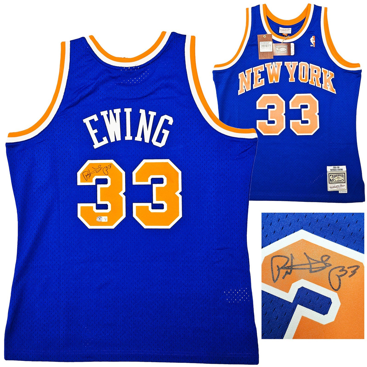 New York Knicks Patrick Ewing Autographed Blue Authentic Mitchell & Ness 1991-92 HWC Swingman Jersey Size L Beckett BAS Witness Stock #214818