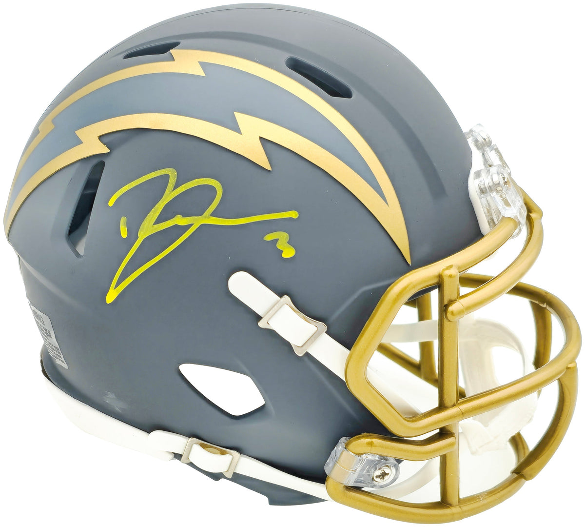 Derwin James Jr. Autographed Los Angeles Chargers Slate Gray Speed Mini Helmet Beckett BAS Witness