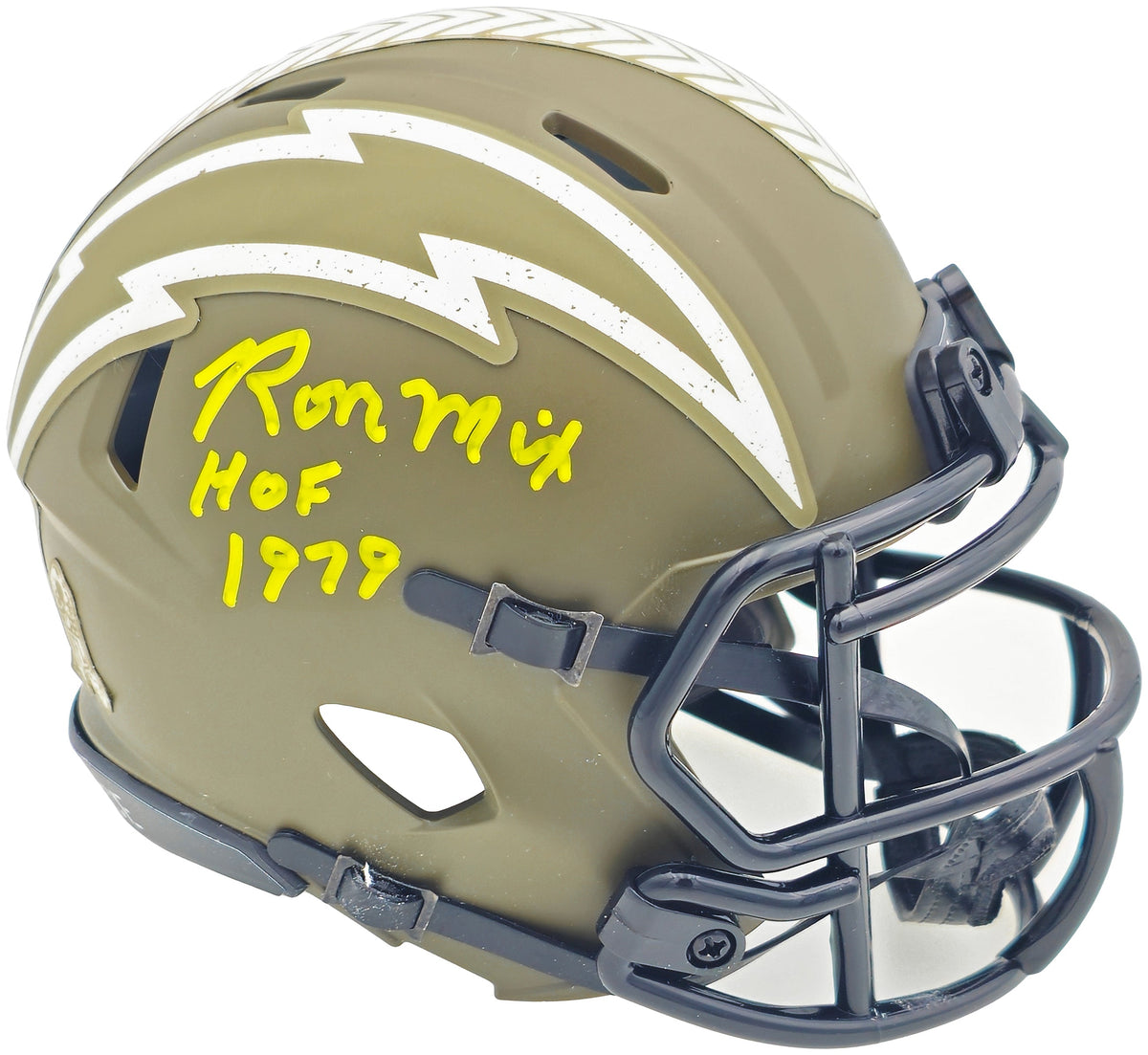 Ron Mix Autographed San Diego Chargers Army Green Salute to Service Speed Mini Helmet "HOF 1979" Beckett BAS Witness