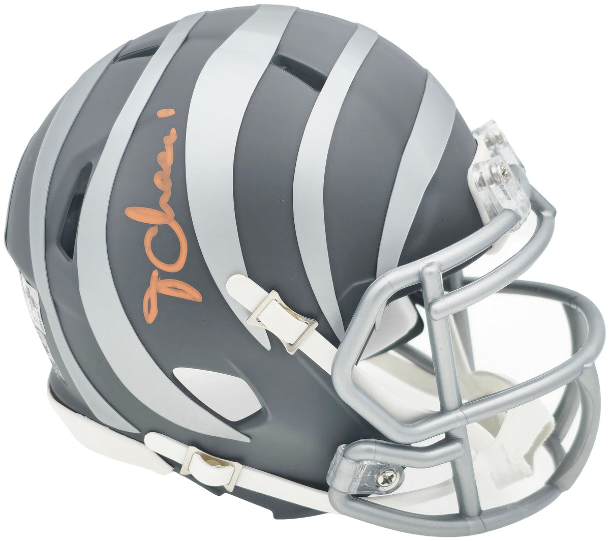 Ja'Marr Chase Autographed Cincinnati Bengals Slate Silver Speed Mini Helmet Beckett BAS Witness
