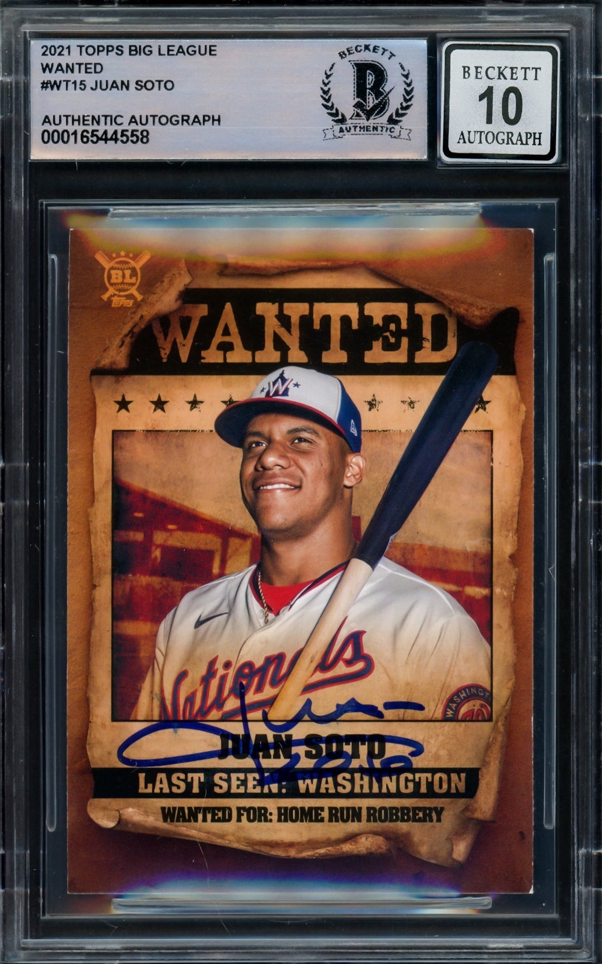Juan Soto Autographed 2021 Topps Big League Wanted Card #WT-15 New York Yankees Auto Grade Gem Mint 10 Beckett BAS #16544558