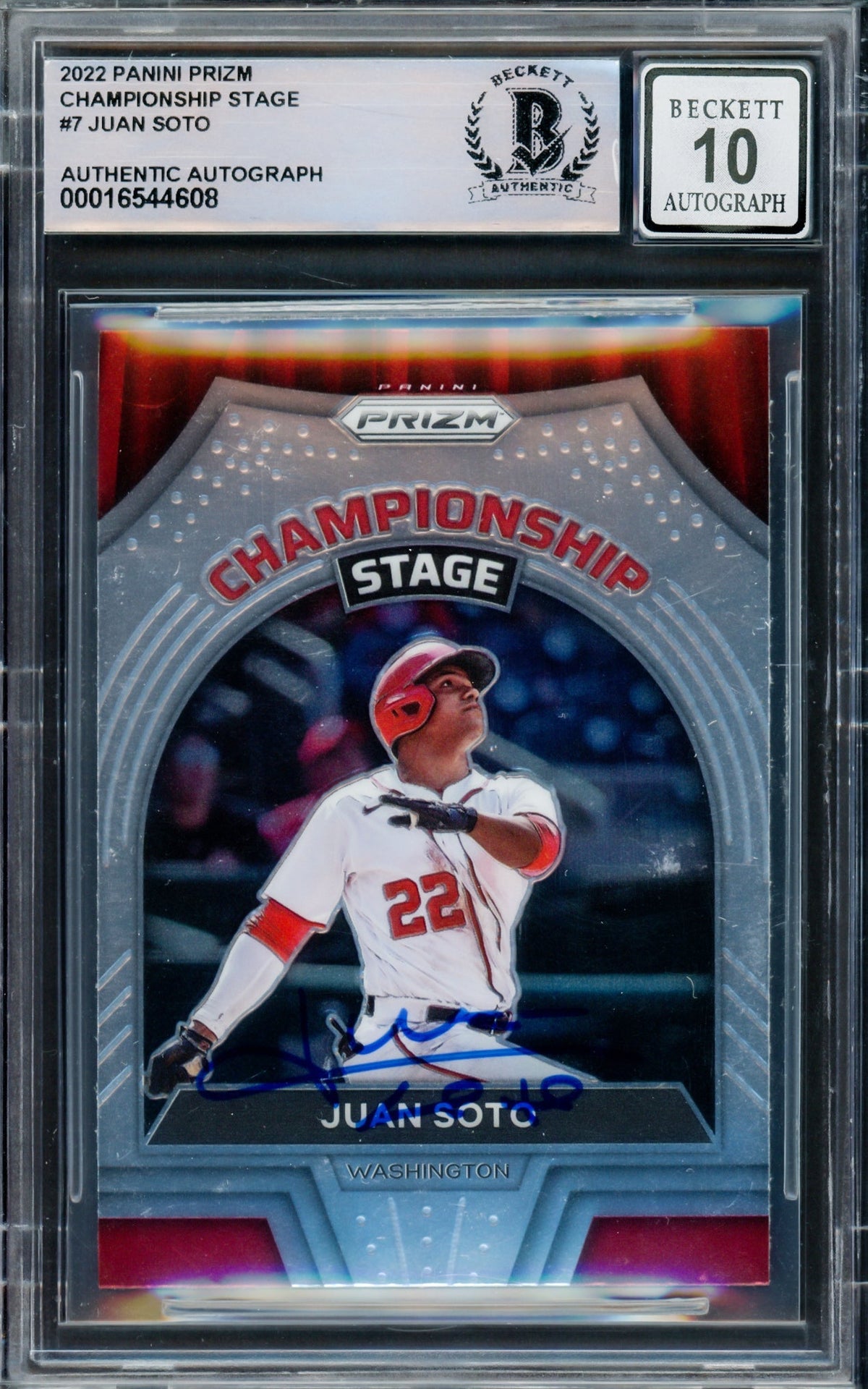 Juan Soto Autographed 2022 Prizm Championship Stage Card #CS-7 New York Yankees Auto Grade Gem Mint 10 Beckett BAS #16544608