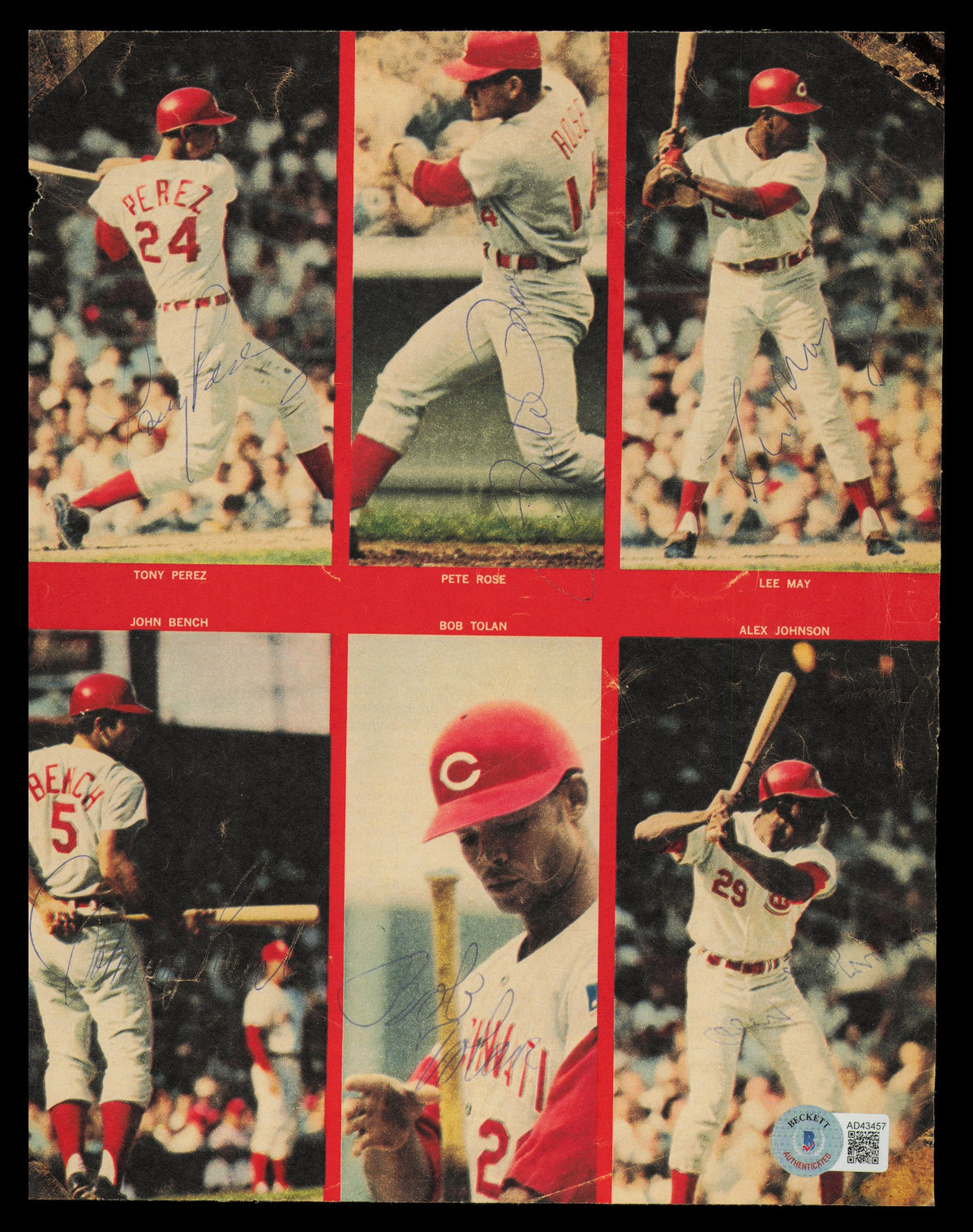 Johnny Bench, Pete Rose, Tony Perez, Lee May, Bobby Tolan & Alex Johnson Autographed 8x10 Magazine Page Photo Cincinnati Reds Vintage Signature Beckett BAS #AD43457