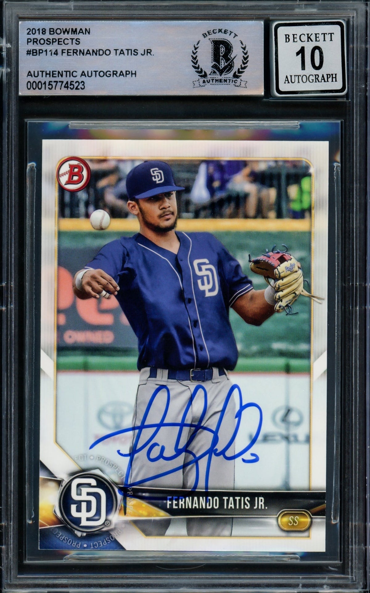 Fernando Tatis Jr. Autographed 2018 Bowman Card #BP114 San Diego Padres Auto Grade Gem Mint 10 Beckett BAS Stock #216664
