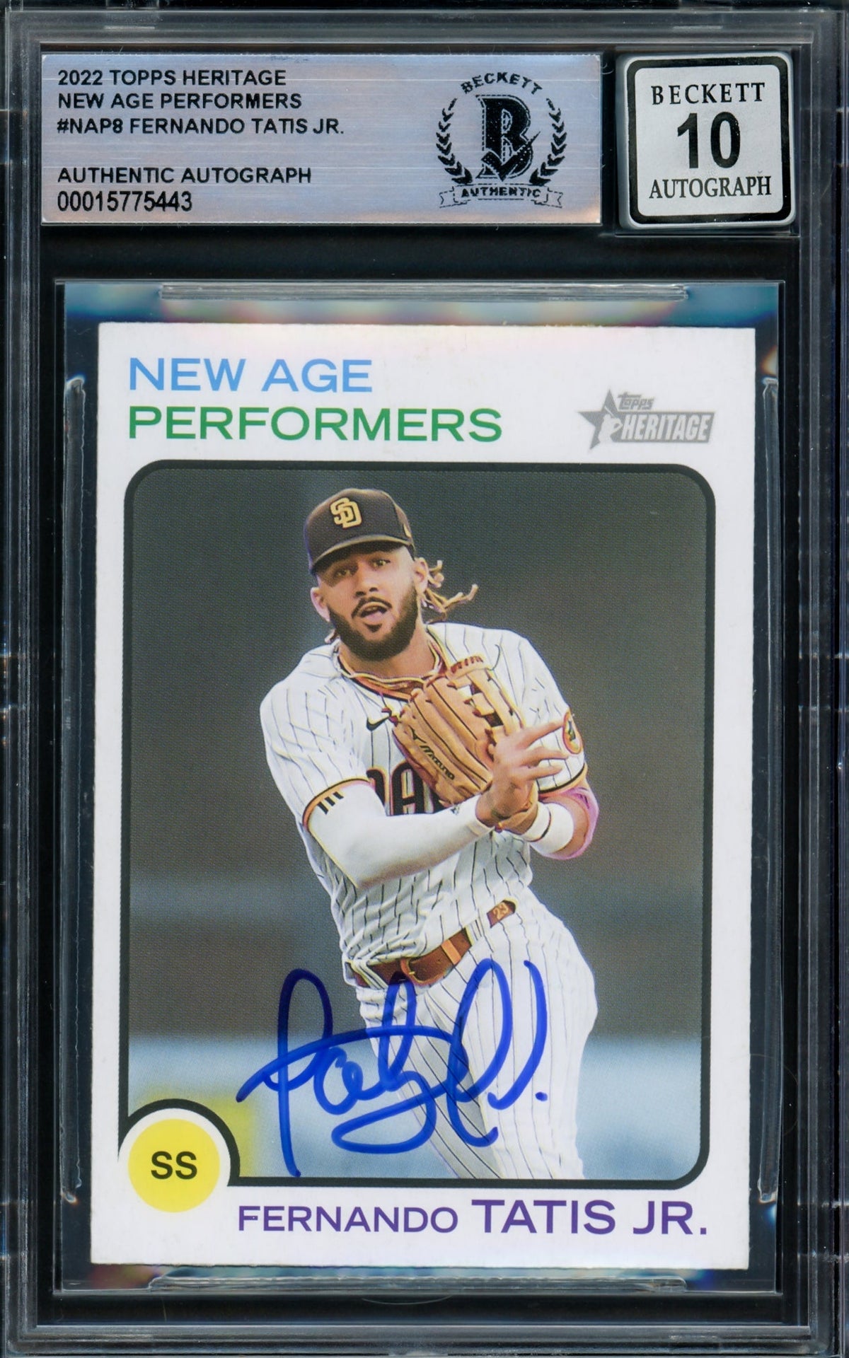 Fernando Tatis Jr. Autographed 2022 Topps Heritage New Age Performers Card #NAP-8 San Diego Padres Auto Grade Gem Mint 10 Beckett BAS Stock #216684