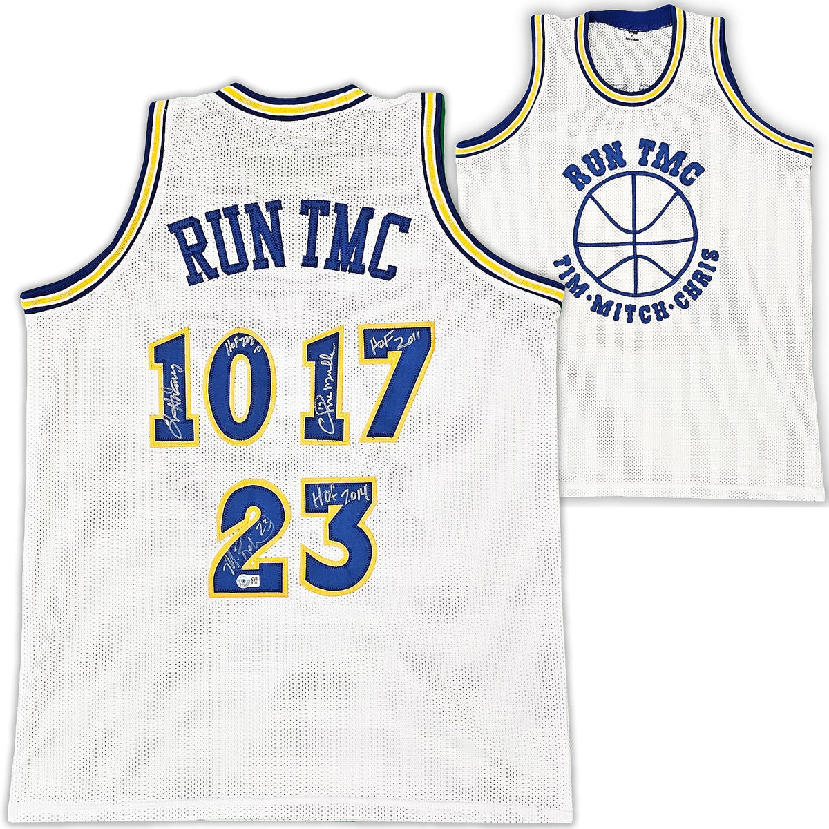 Golden State Warriors Chris Mullin, Tim Hardaway & Mitch Richmond Autographed White Jersey Run TMC "HOF" Beckett BAS Witness Stock #216816