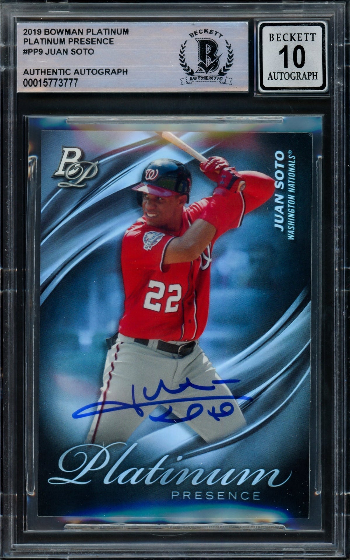 Juan Soto Autographed 2019 Bowman Platinum Presence Card #PP9 Washington Nationals Auto Grade Gem Mint 10 Beckett BAS #15773777