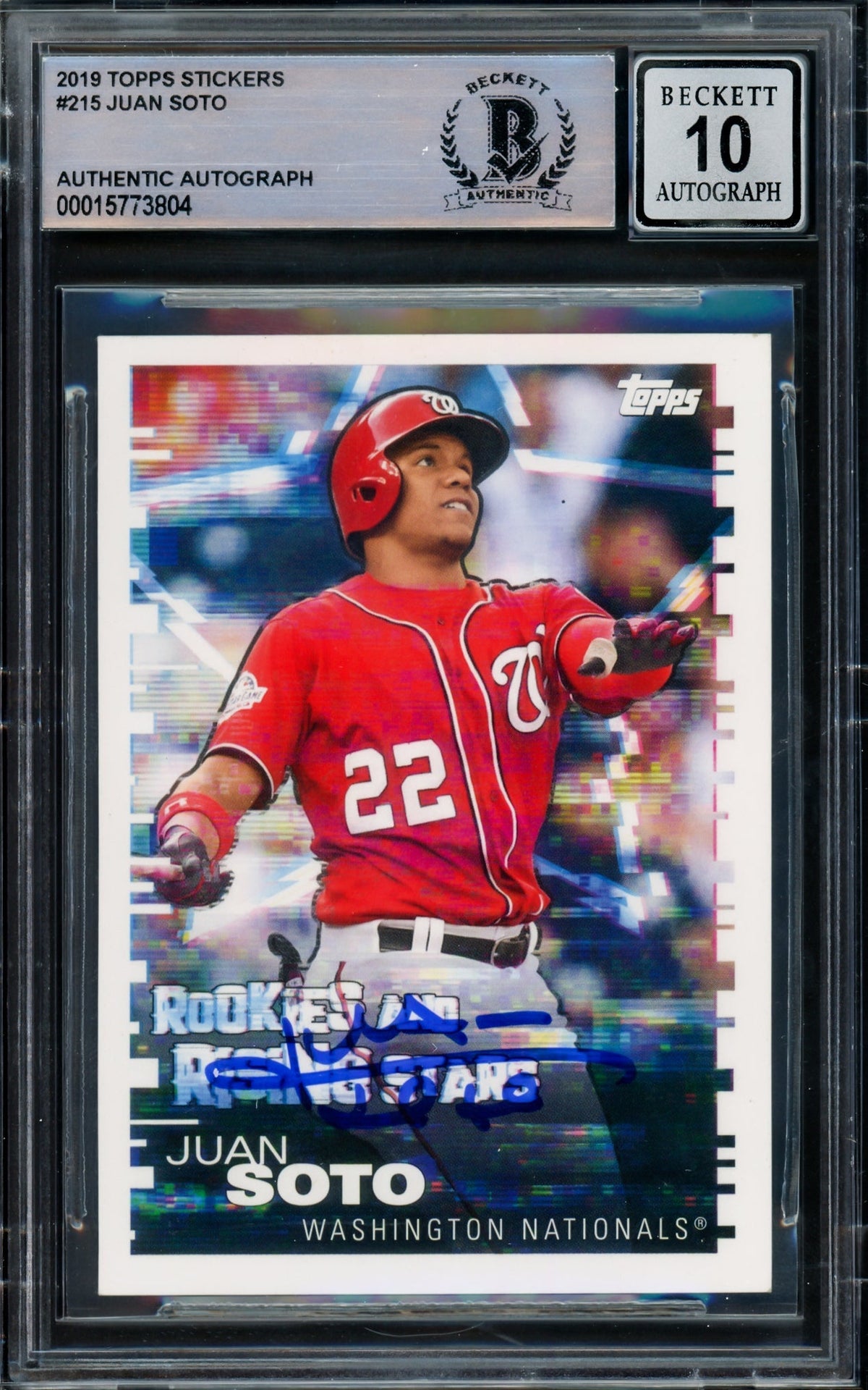 Juan Soto Autographed 2019 Topps Stickers Card #215 Washington Nationals Auto Grade Gem Mint 10 Beckett BAS #15773804