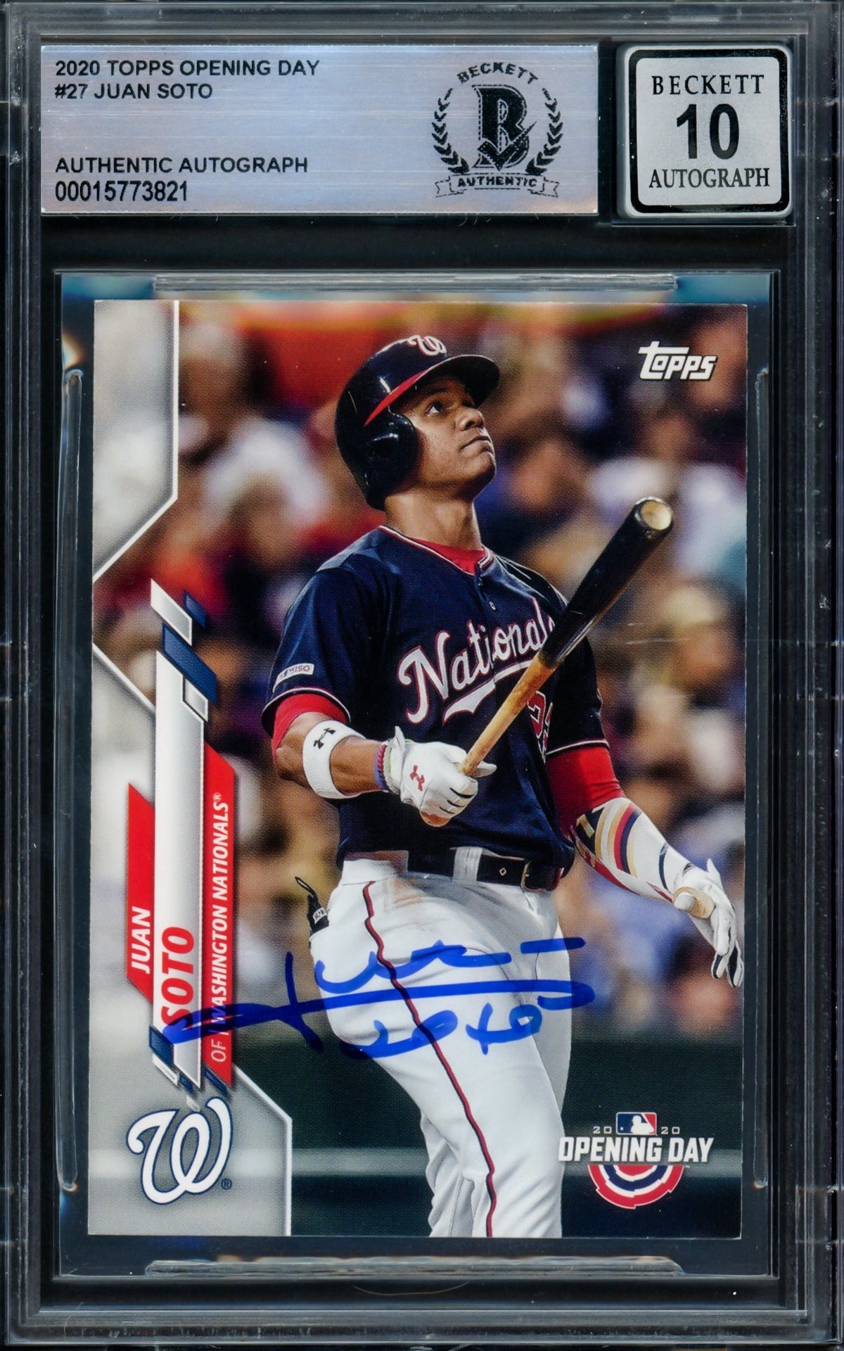 Juan Soto Autographed 2020 Topps Opening Day Card #27 Washington Nationals Auto Grade Gem Mint 10 Beckett BAS #15773821