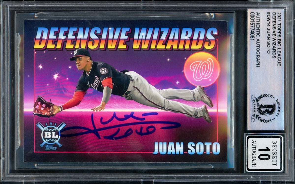 Juan Soto Autographed 2021 Topps Big League Defensive Wizards Card #DW-14 Washington Nationals Auto Grade Gem Mint 10 Beckett BAS #15774061