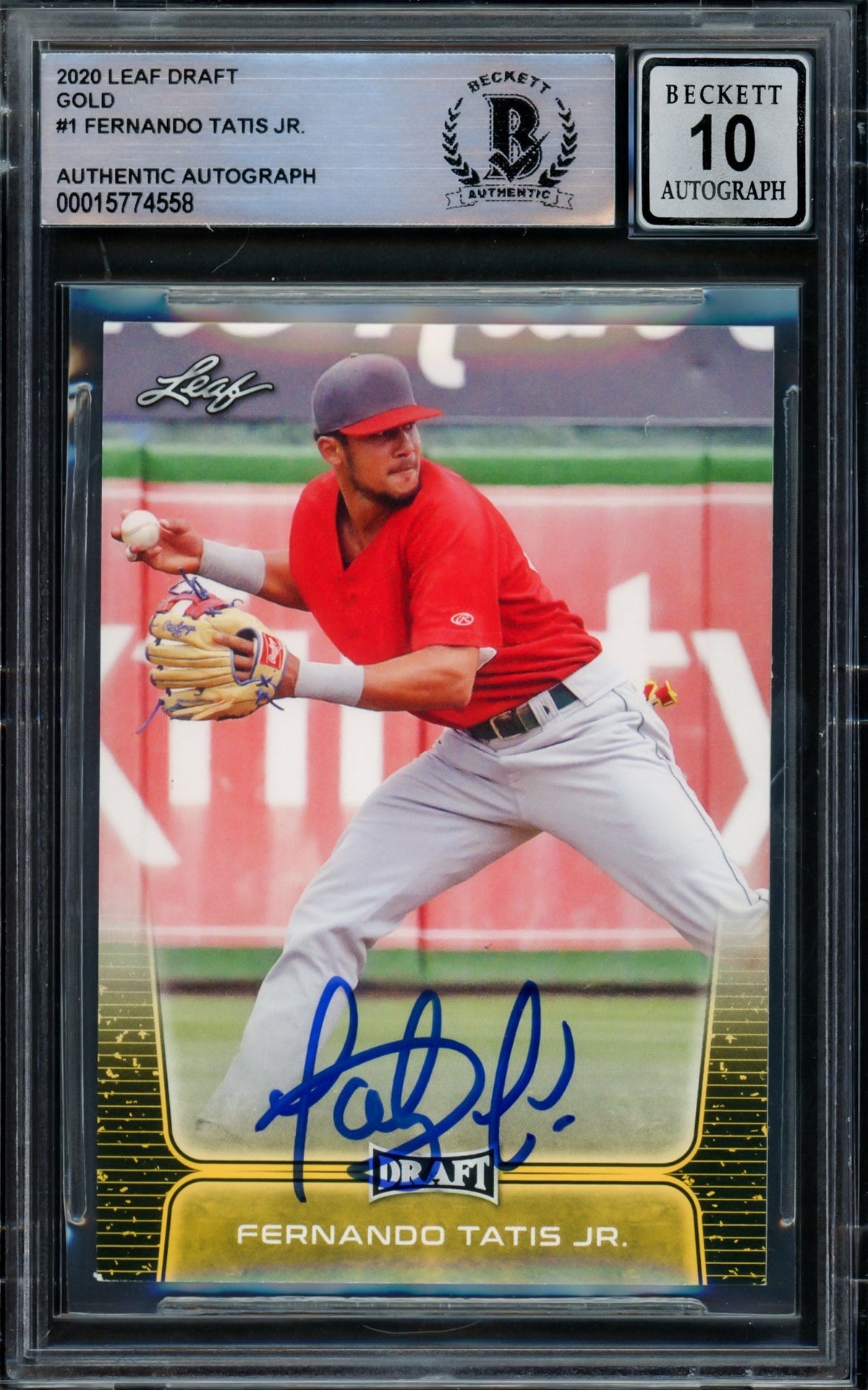 Fernando Tatis Jr. Autographed 2020 Leaf Draft Gold Card #1 San Diego Padres Auto Grade Gem Mint 10 Beckett BAS #15774558