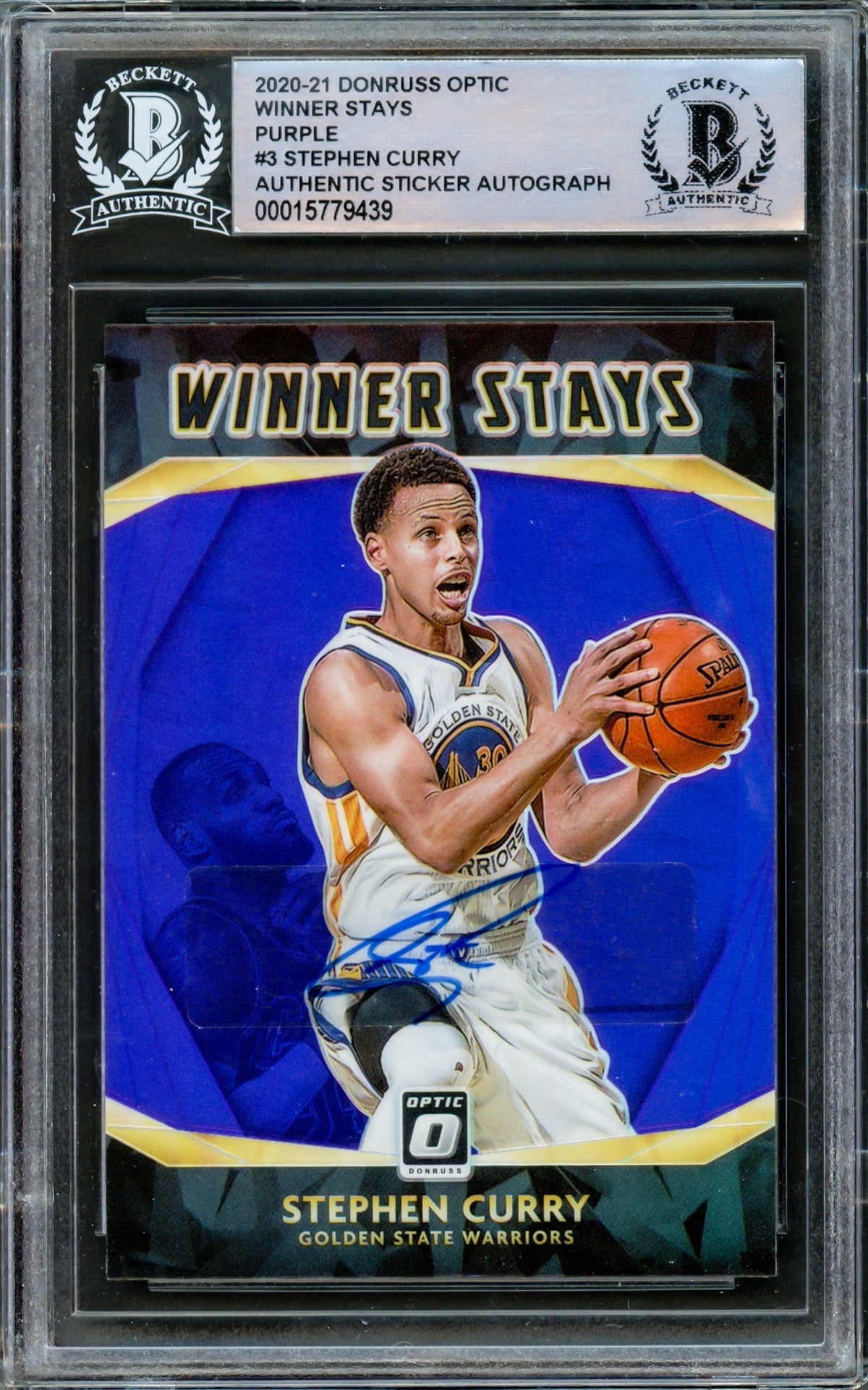 Stephen Curry Autographed 2020-21 Donruss Optic Purple Prizm Card #3 Golden State Warriors Beckett BAS #15779439