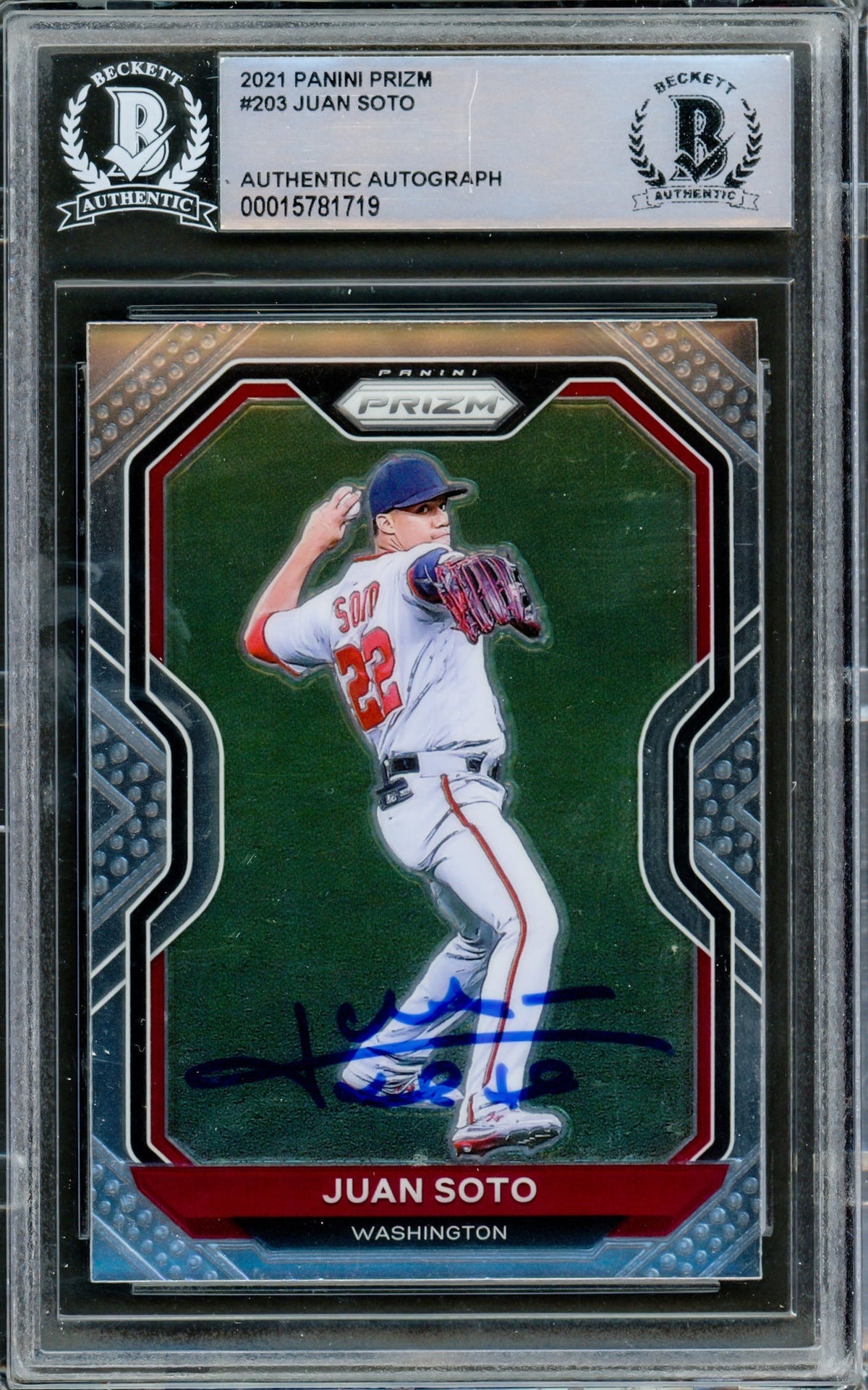 Juan Soto Autographed 2021 Panini Prizm Card #203 Washington Nationals Beckett BAS #15781719