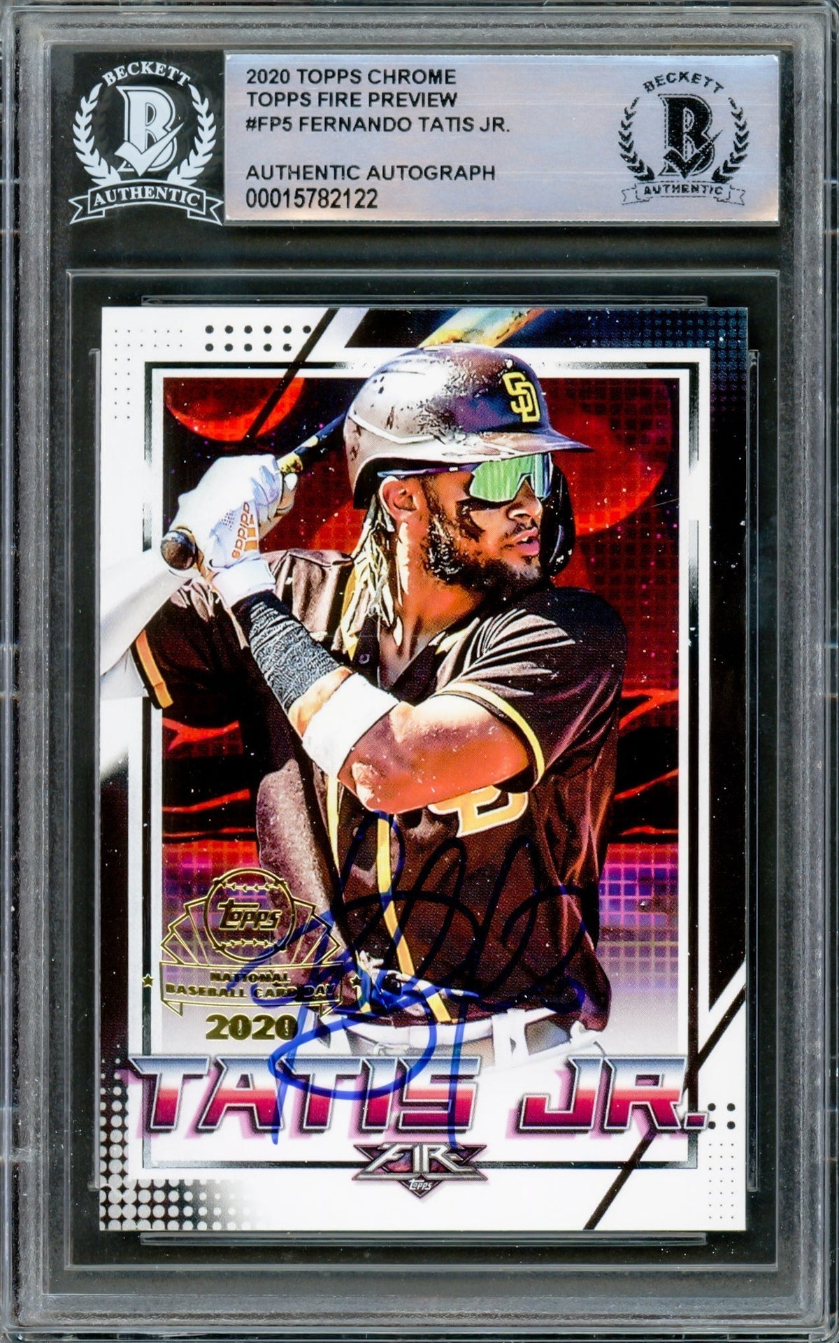 Fernando Tatis Jr. Autographed 2020 Topps Chrome Fire National Baseball Card Day Card #FP-5 San Diego Padres Beckett BAS #15782122